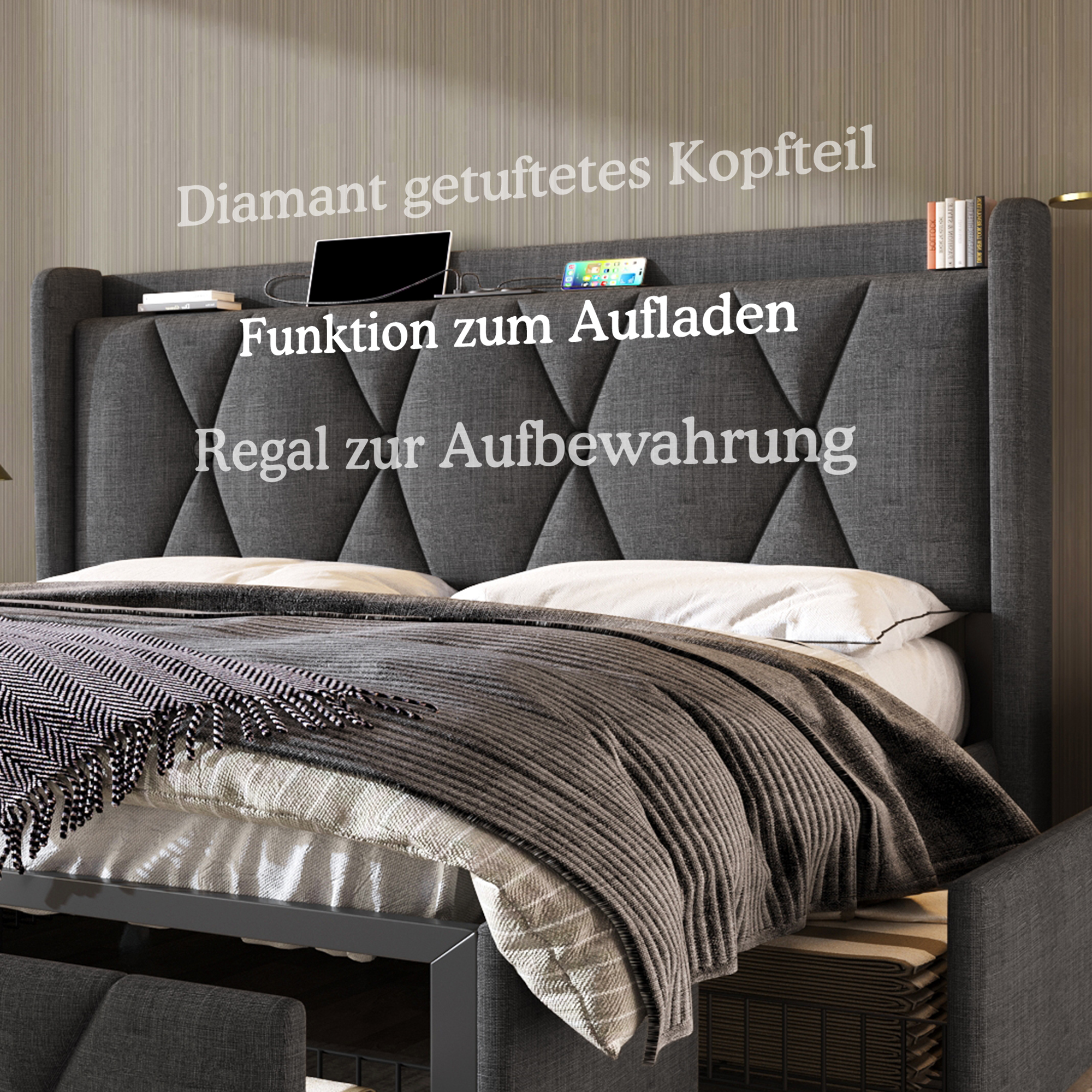 Polsterbett mit aufladen USB Ladefunktion Kopfteil
