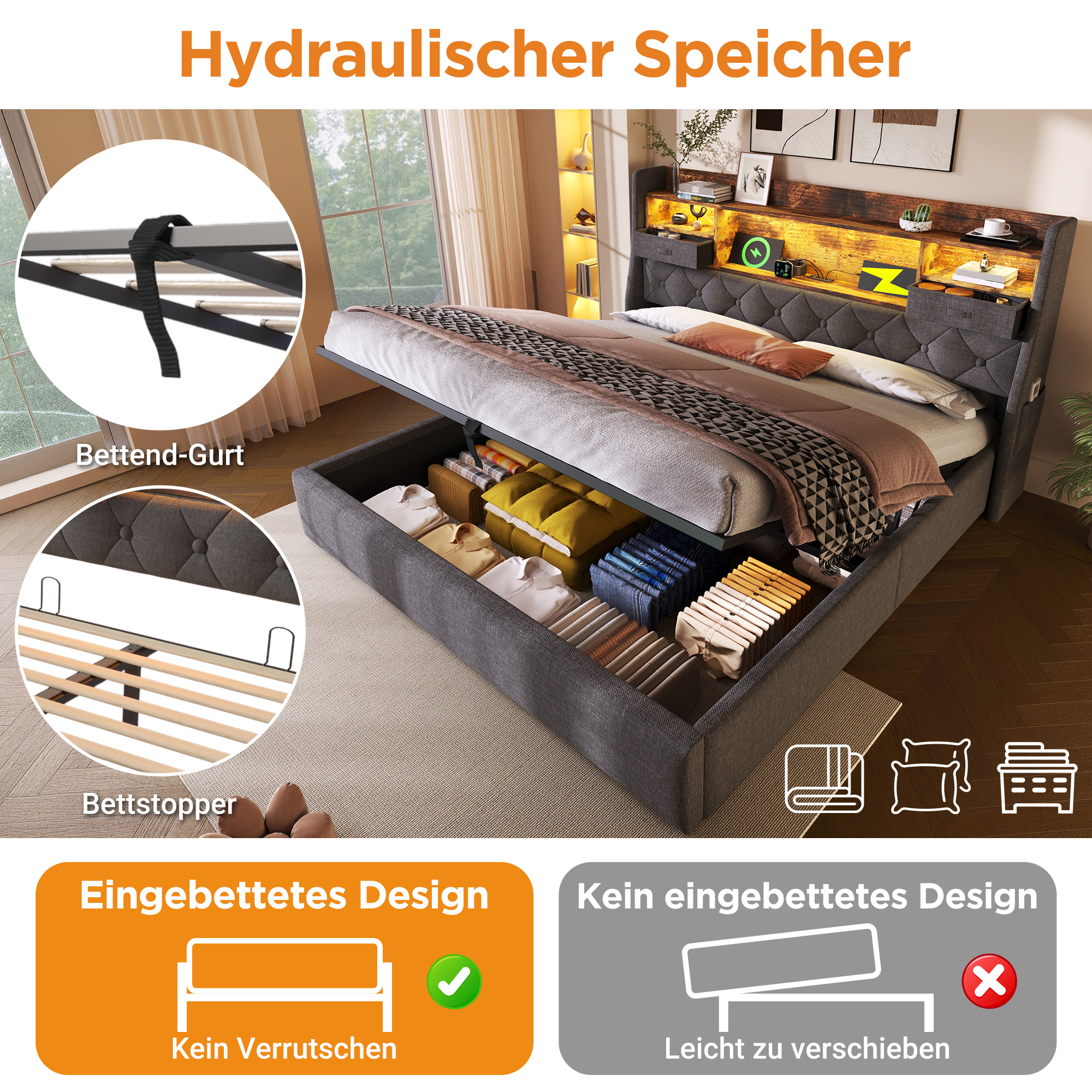 Polsterbett 180x200 cm mit Hydraulischem Stauraum 