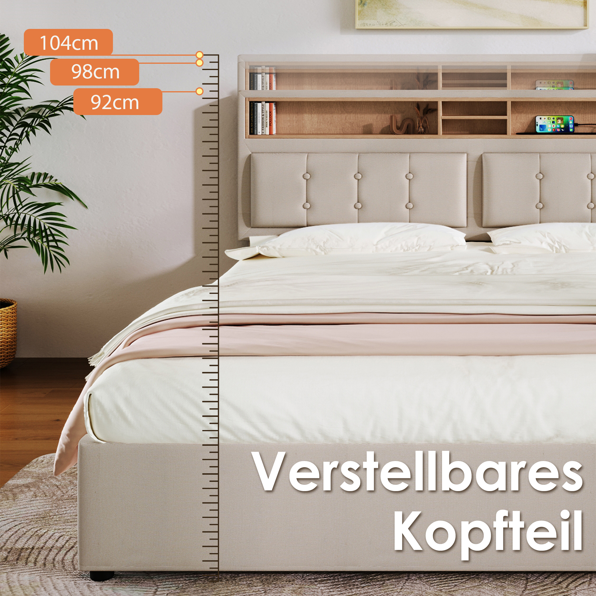 Polsterbett Doppelbett mit USB C Steckdose Ladefun