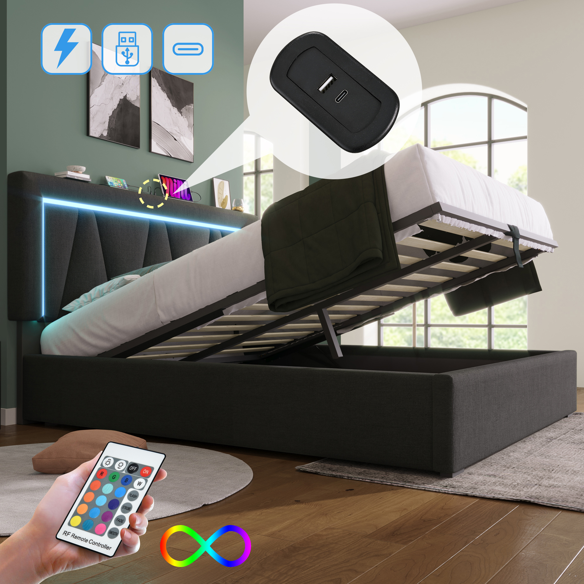Polsterbett LED Doppelbett mit USB Typ C Ladefunkt