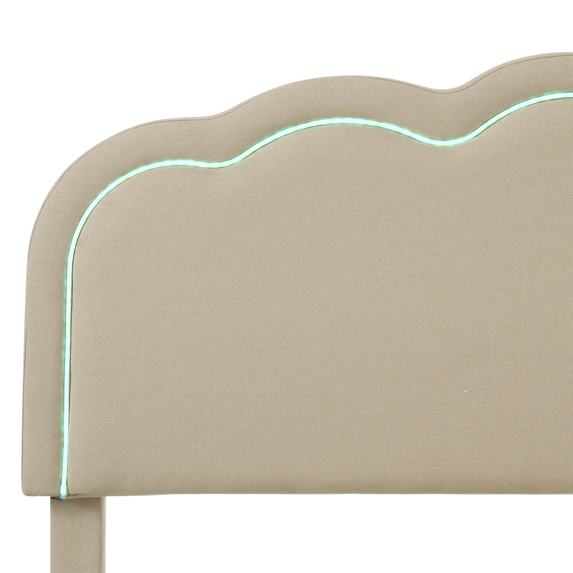 Lit avec tête de lit forme bouffée beige, LED ambiance, hauteur réglable, pour chambre, lumière douce enveloppante, atmosphère chaleureuse, design élégant, couleur beige polyvalente, confort et style moderne - image 2