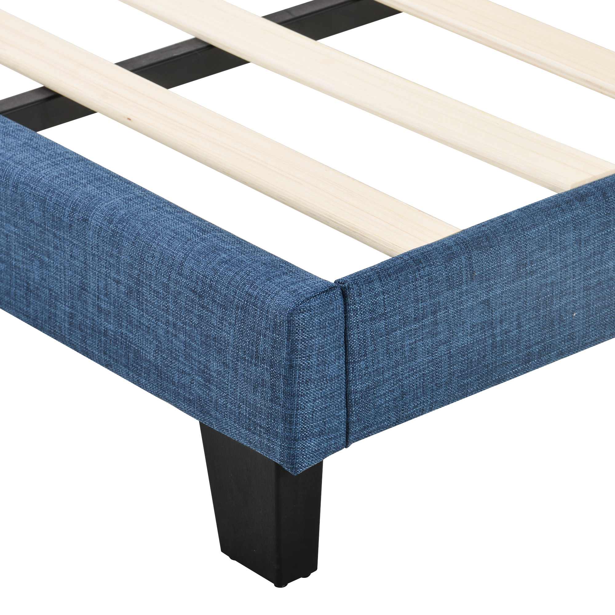 Lit rembourré classique en tissu bleu, tête de lit haute, pieds noirs, sommier à lattes bois inclus, design élégant intemporel, pour chambre, soutien confortable, lecture et repos, qualité durable - image 4