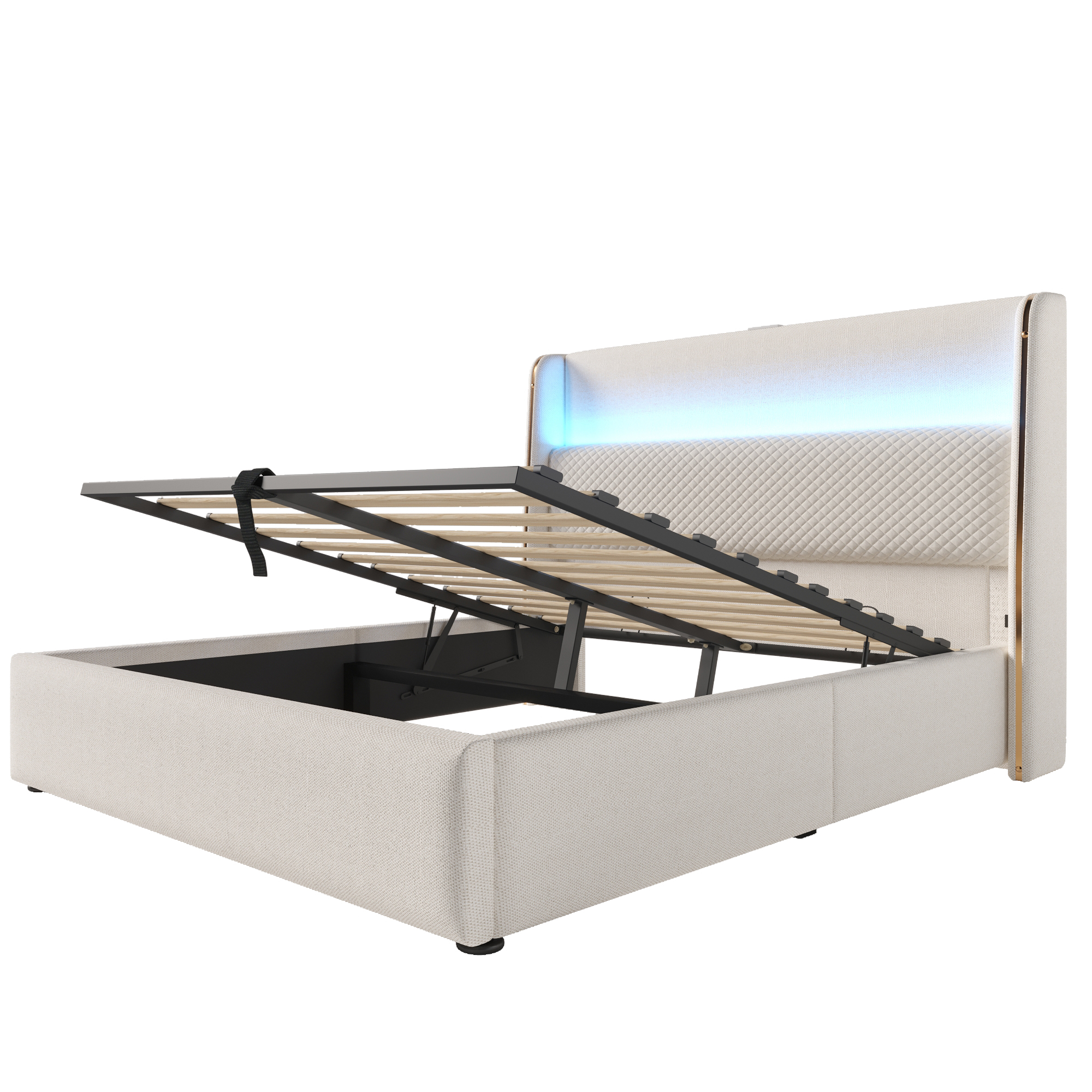 Lit coffre rembourré 140 x 200 cm avec toboggan, LED, ports de charge, rangement hydraulique, lin, Beige - dimensions et détails