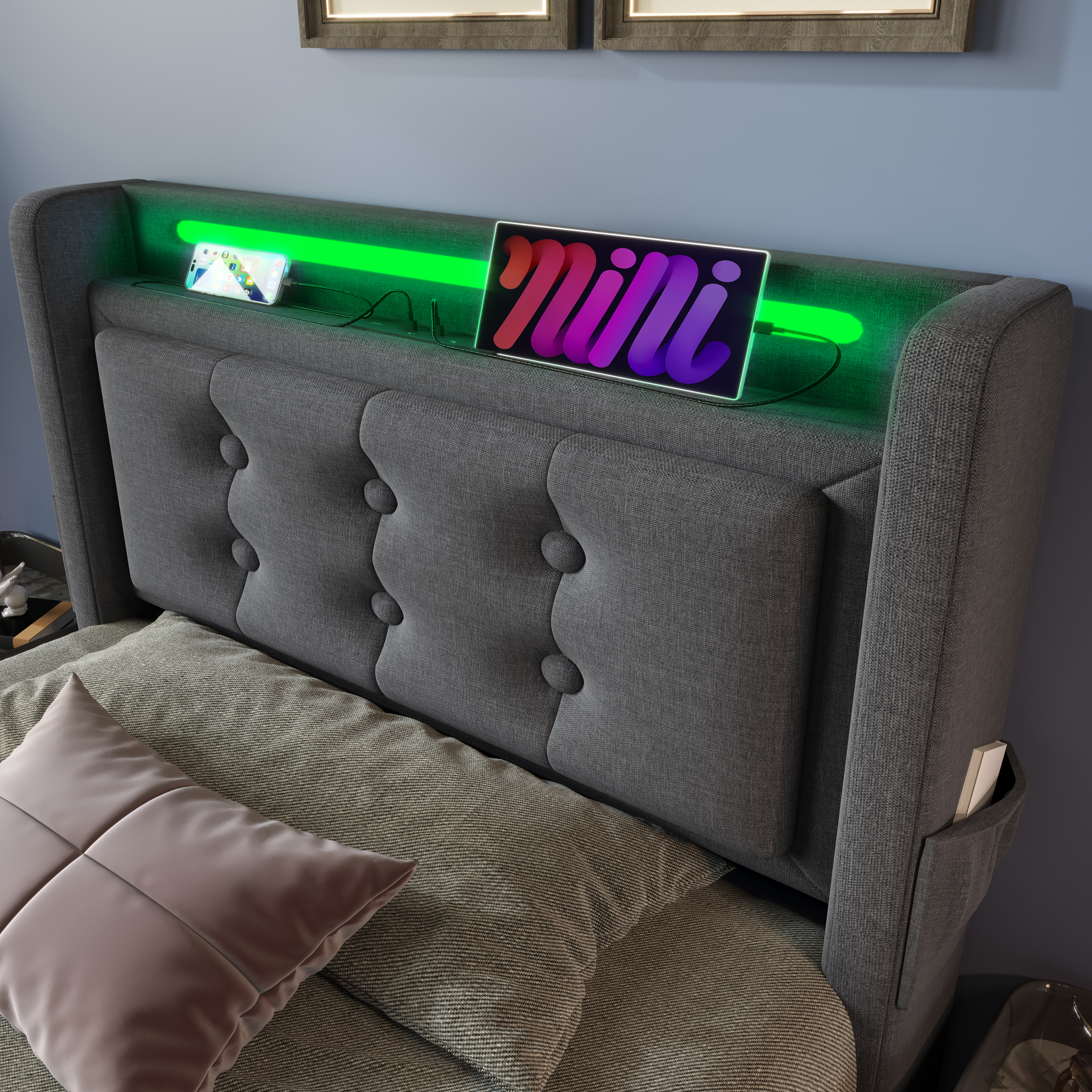Polsterbett 90x200, Einzelbett mit Led-Kopfteil un