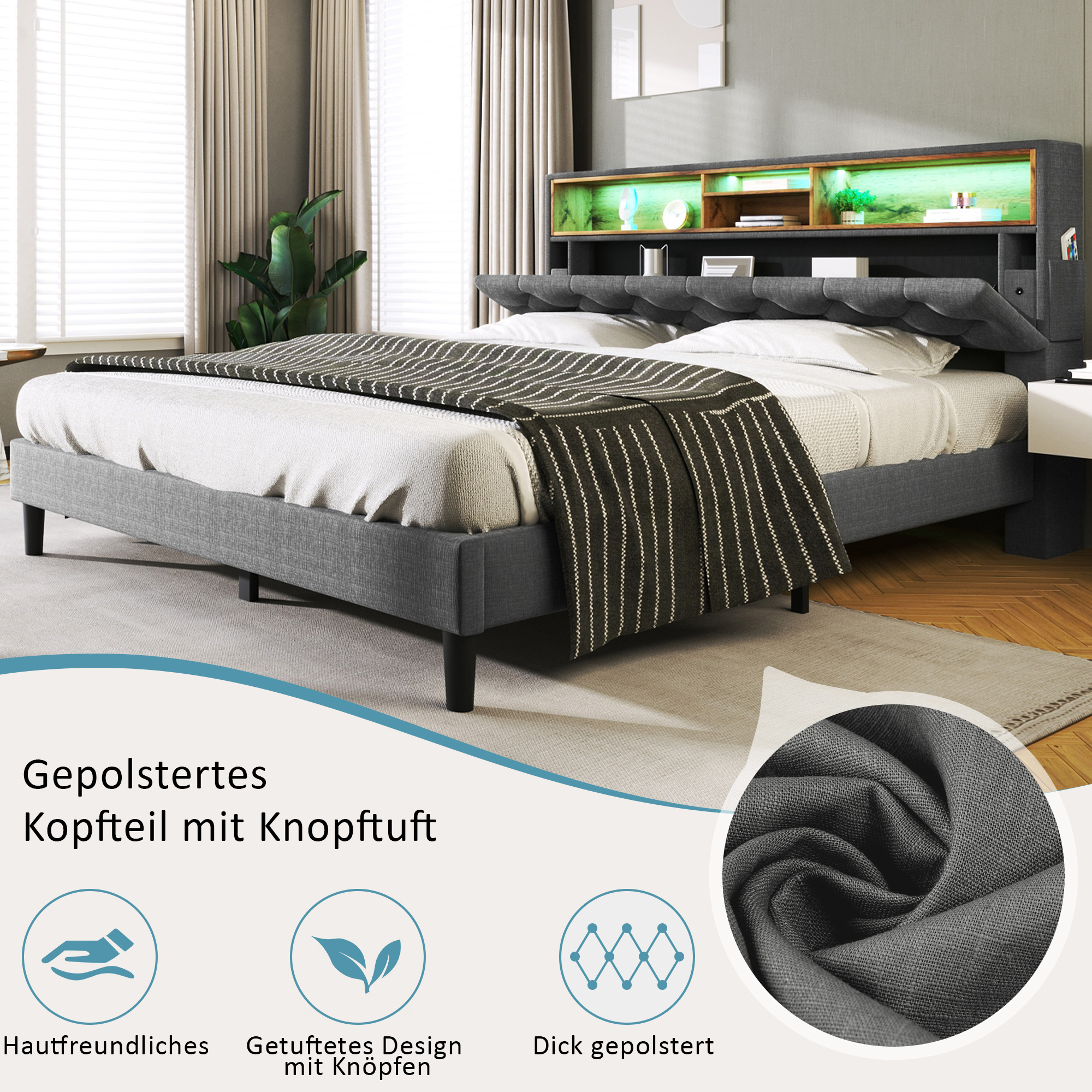 Polsterbett Doppelbett Stauraum-Kopfteil Bett mit 