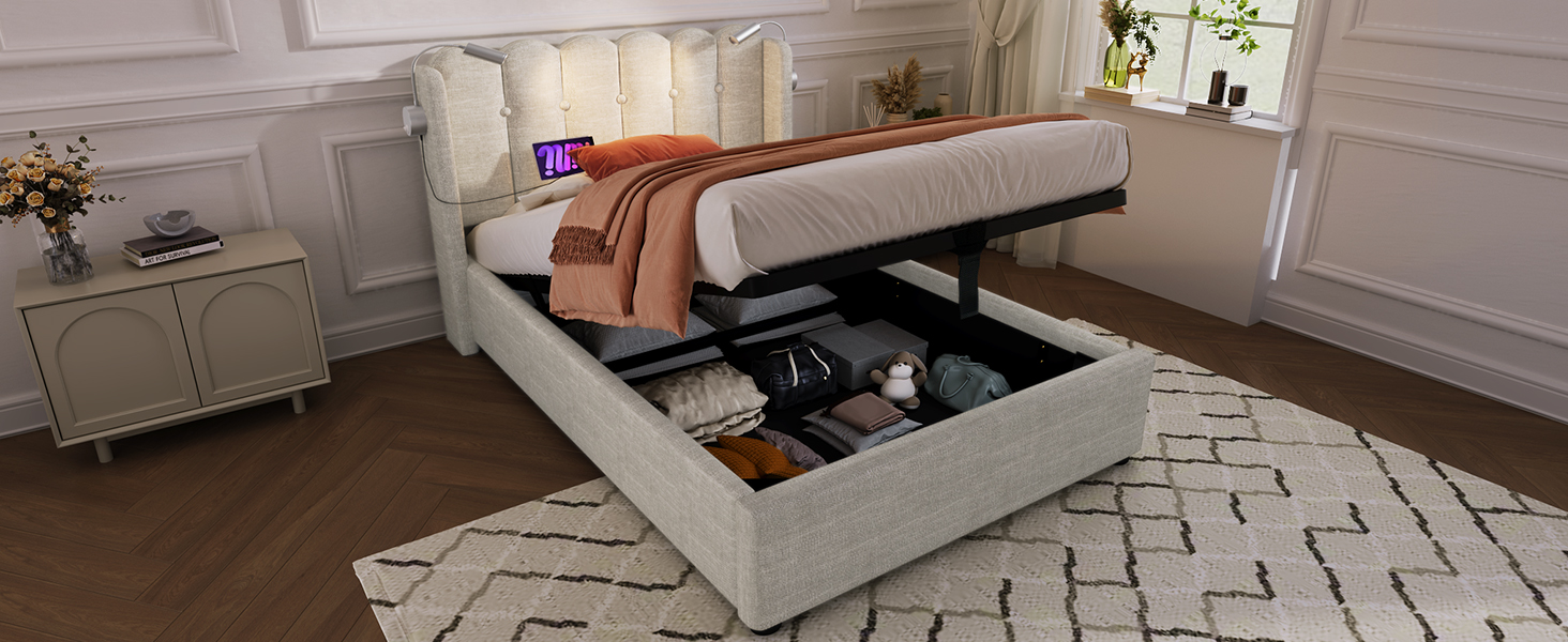 Matelas 406 ressorts + 2 couches mousse, certifiée Oeko-Tex 100, lit avec tête de lit lin gris design panneau, lampe de lecture positionnée, pour chambre, sommeil confortable, style rustique chaleureux - image 10