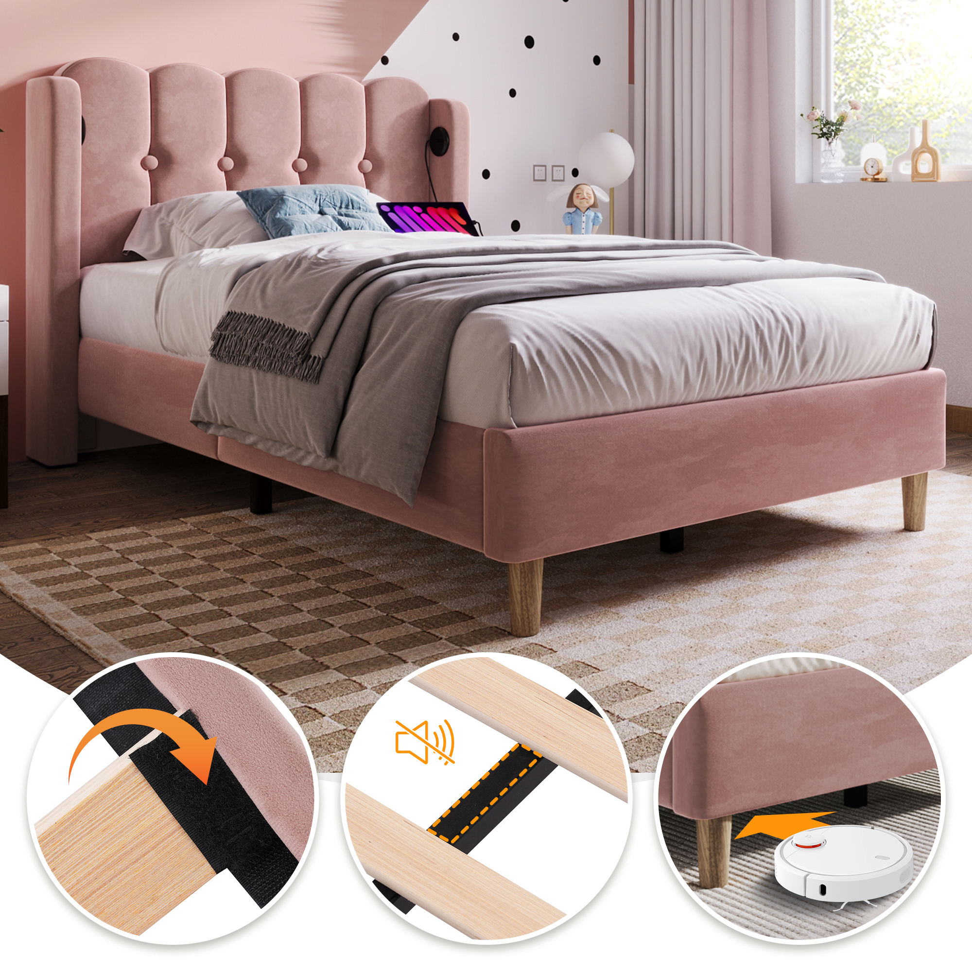 Lit rembourré simple 90 x 200 cm, tête panneautée, USB Type-C, velours rose, 208 x 103 x 103 cm