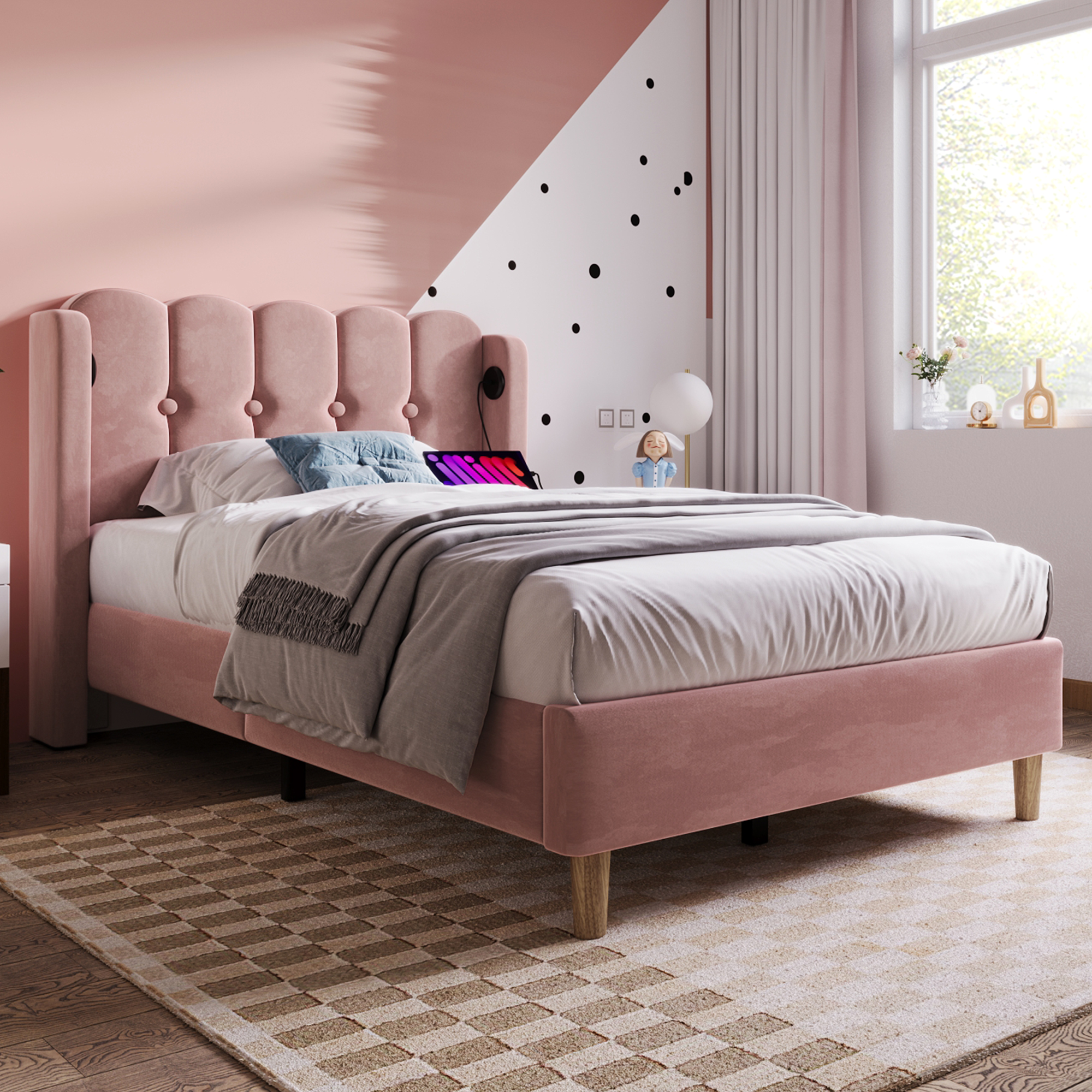 Matelas 406 ressorts + 2 mousses certifiée Oeko-Tex, lit avec tête de lit design panneau en velours rose, style rustique chaleureux, pour chambre, sommeil confortable, couleur rose clair, design élégant - image 8