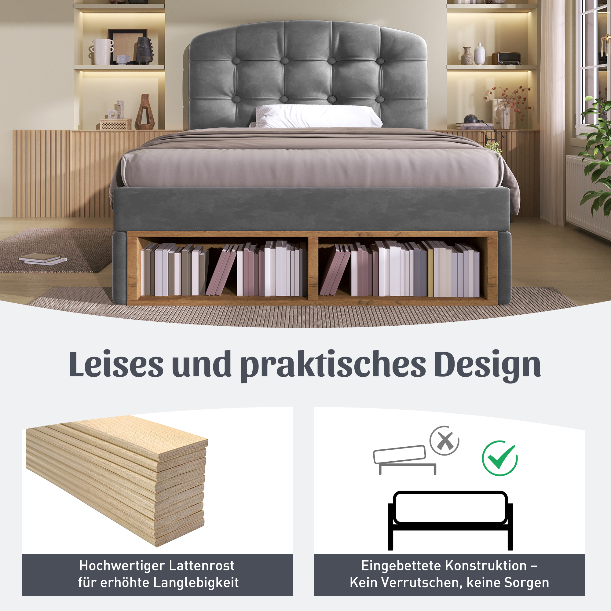 Einzelbett 90x200 Polsterbett Samt Grau mit Latten