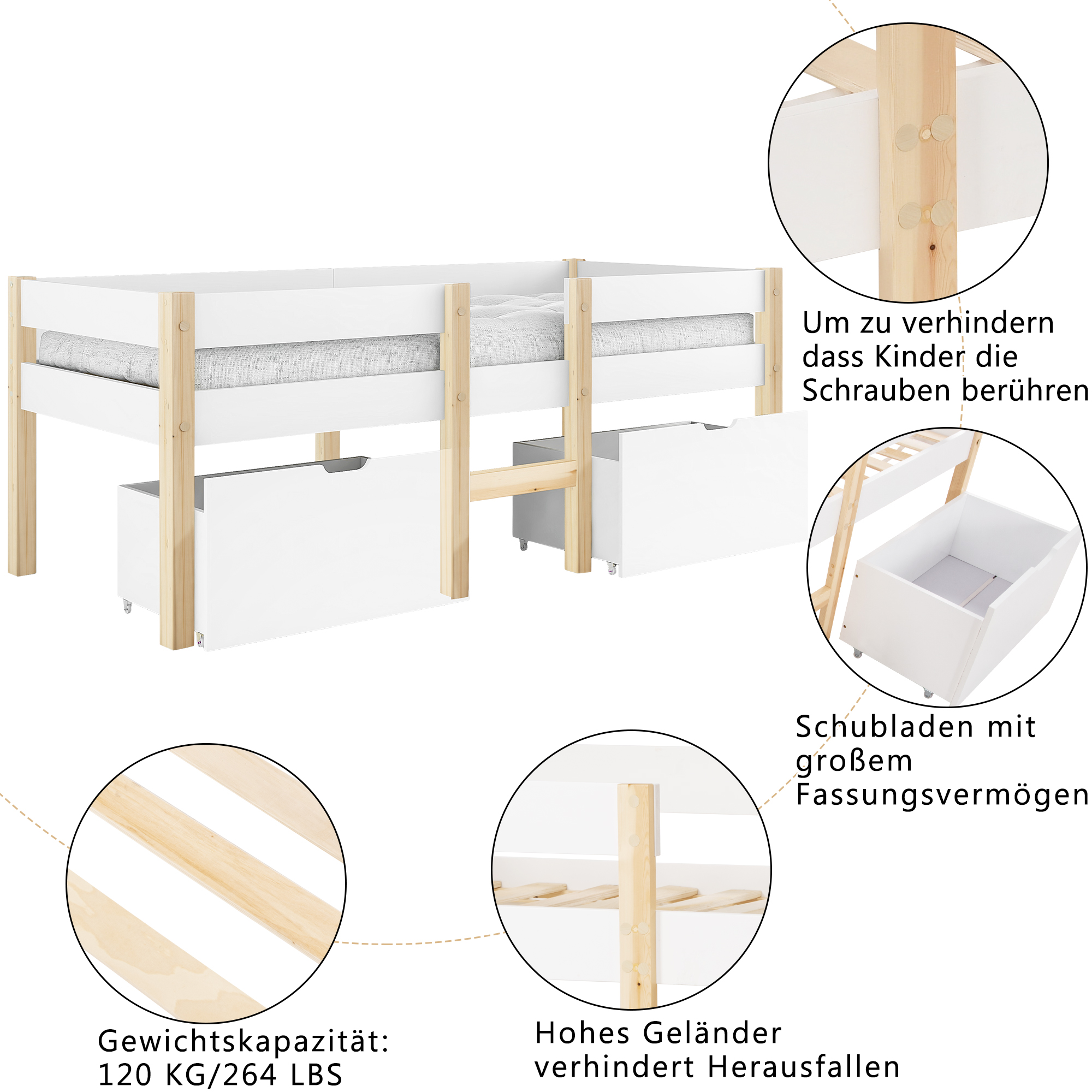 Mini lit mezzanine enfant en pin massif, style scandinave, pour jouer et dormir, construction stable, charme rétro, pour chambre d'enfant, stimule imagination, sécurité et durabilité, design naturel - image 11