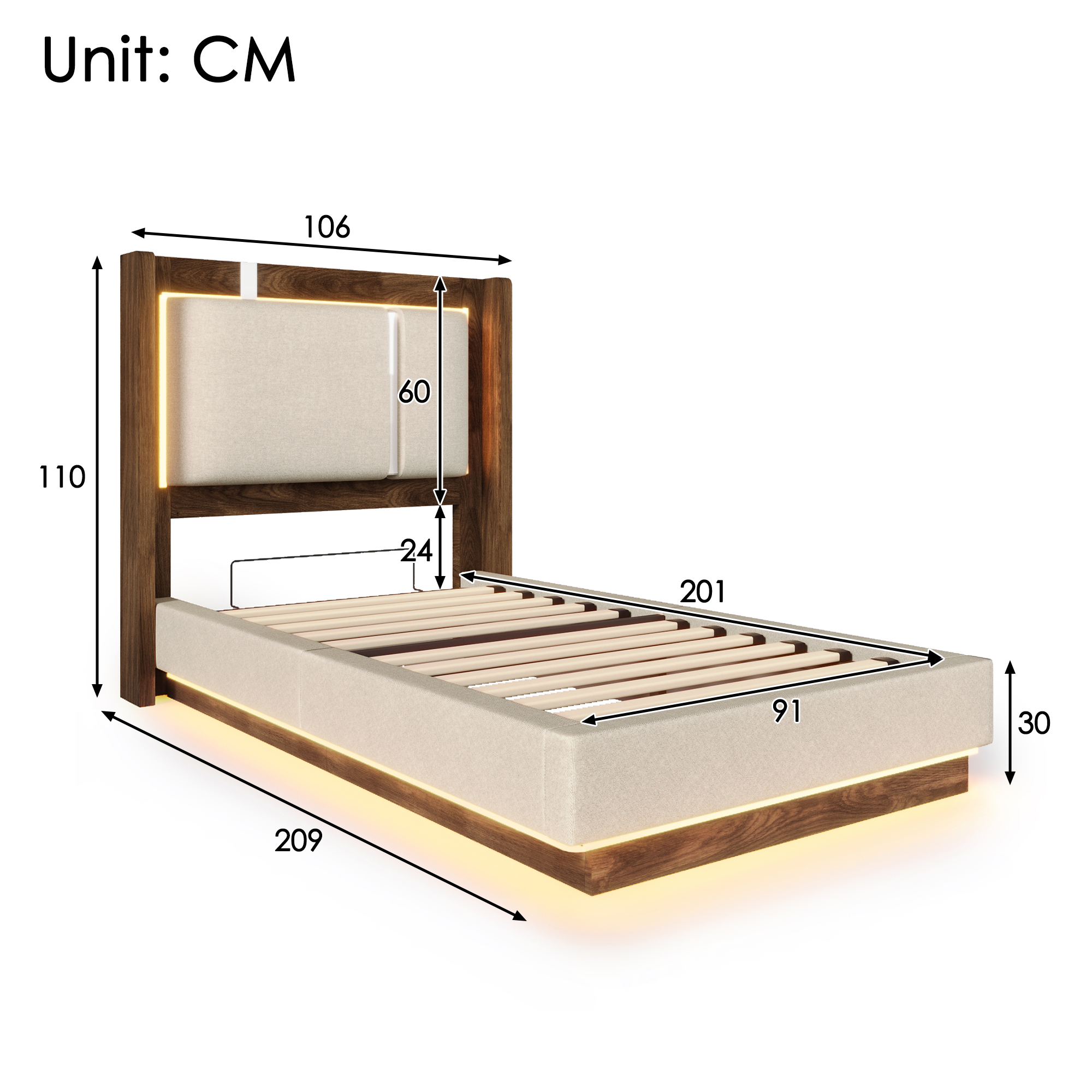 Dimensions et détails du lit coffre 90x200 cm beige avec LED