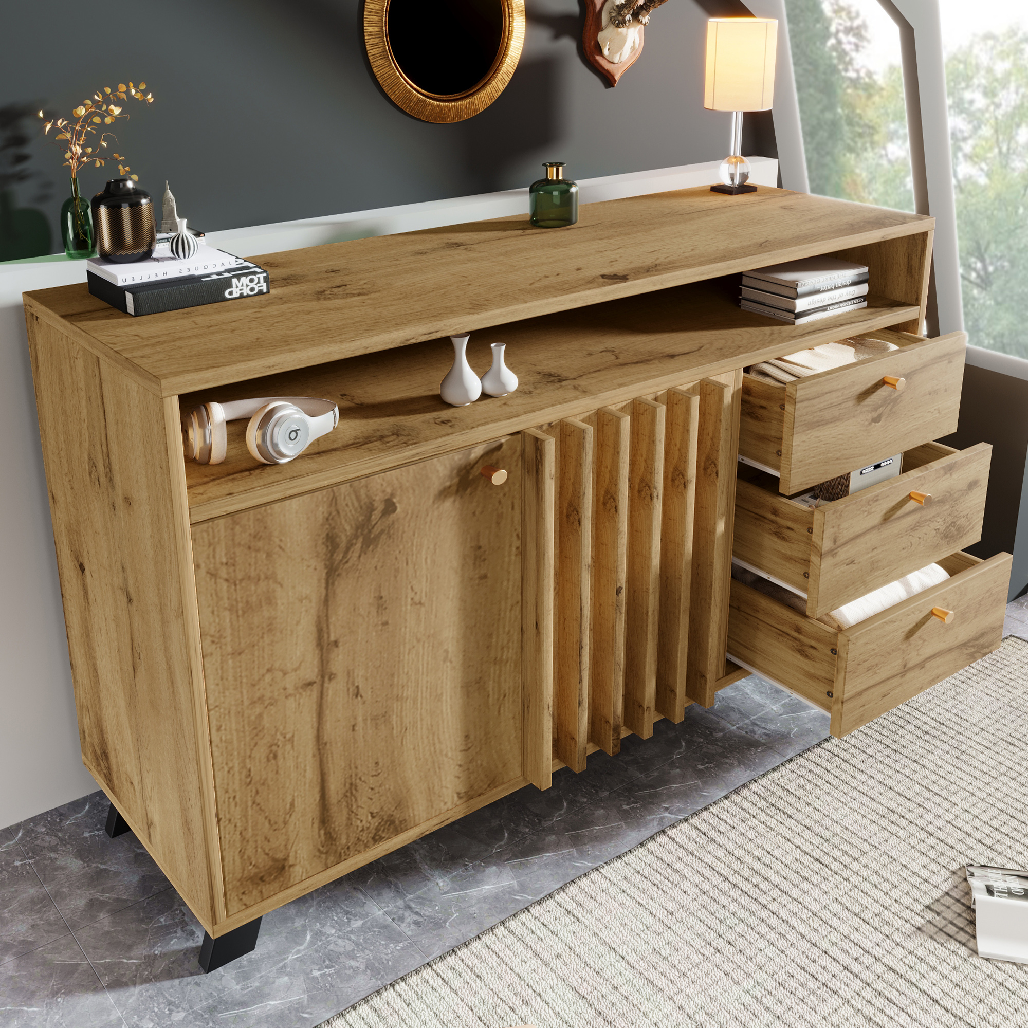 Meuble de rangement, avec tiroirs, 120 x 40 x 85 cm, bois, chêne - vue 6