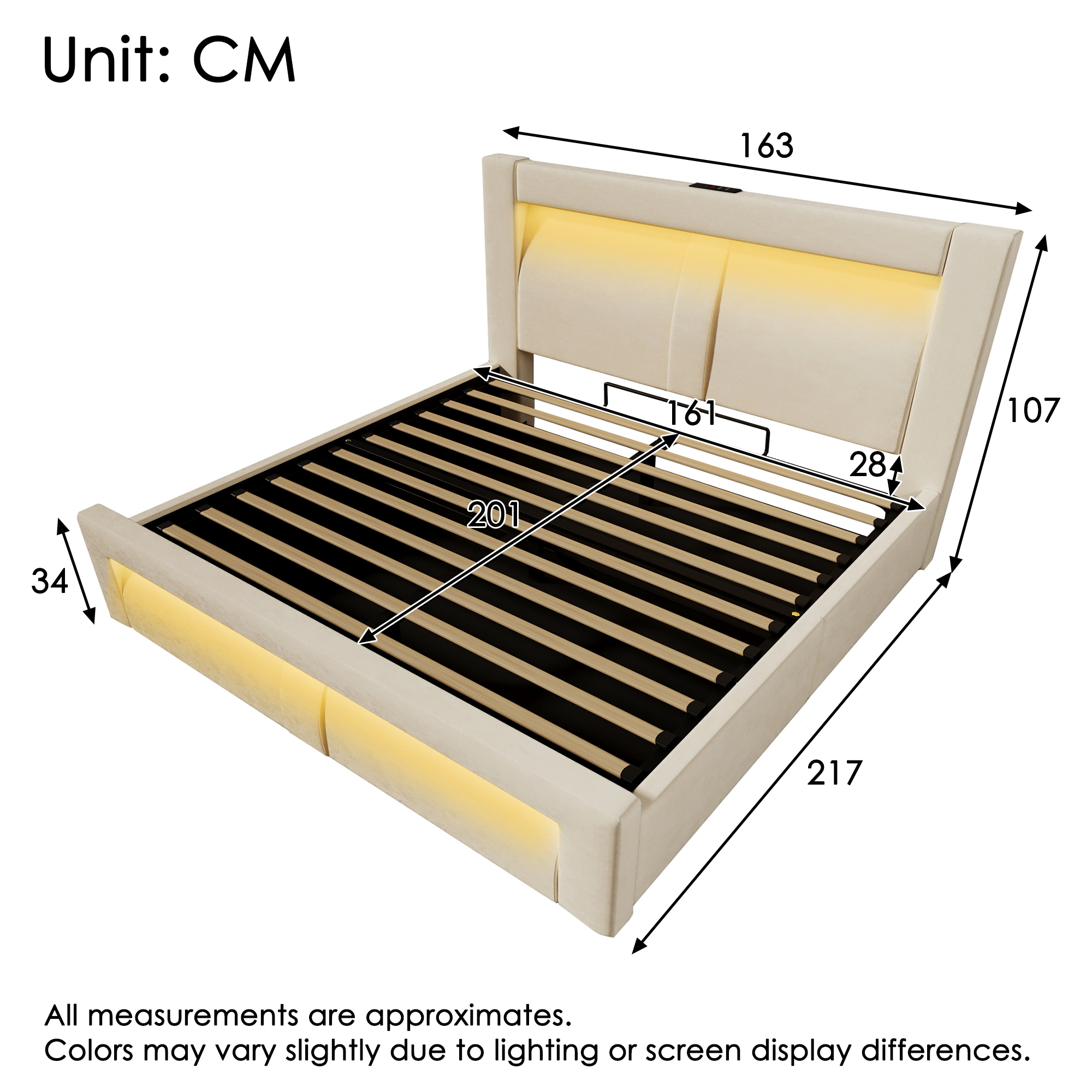 Dimensions et fonctions de Lit coffre rembourré en velours 160 x 200 cm avec rangement hydraulique, LED, ports USB-C et sommier à lattes, Beige, sans matelas