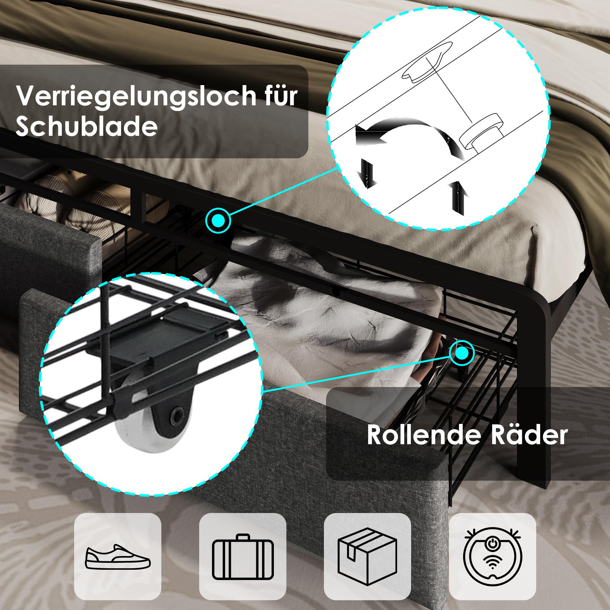 Polsterbett mit USB Typ C Ladefunktion Stauraum-Ko