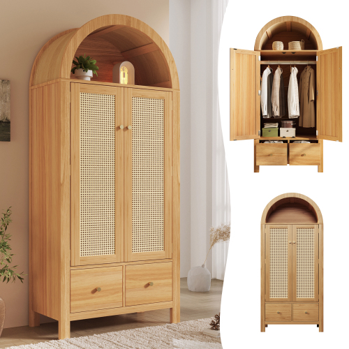 Armoire arquée finition chêne avec portes effet rotin