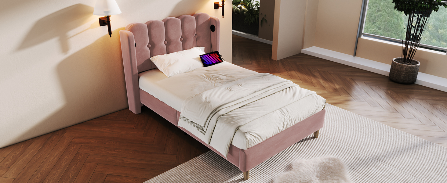 Matelas 406 ressorts + 2 mousses certifiée Oeko-Tex, lit avec tête de lit design panneau en velours rose, style rustique chaleureux, pour chambre, sommeil confortable, couleur rose clair, design élégant - image 13