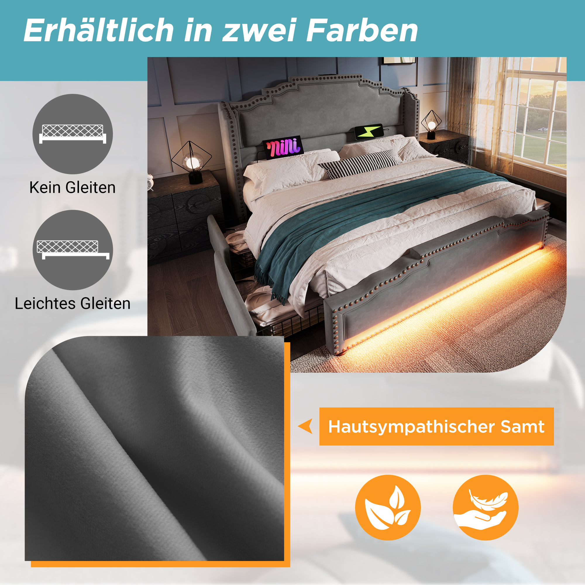 Polsterbett 140×200, Doppelbett mit 4 Schubladen, 