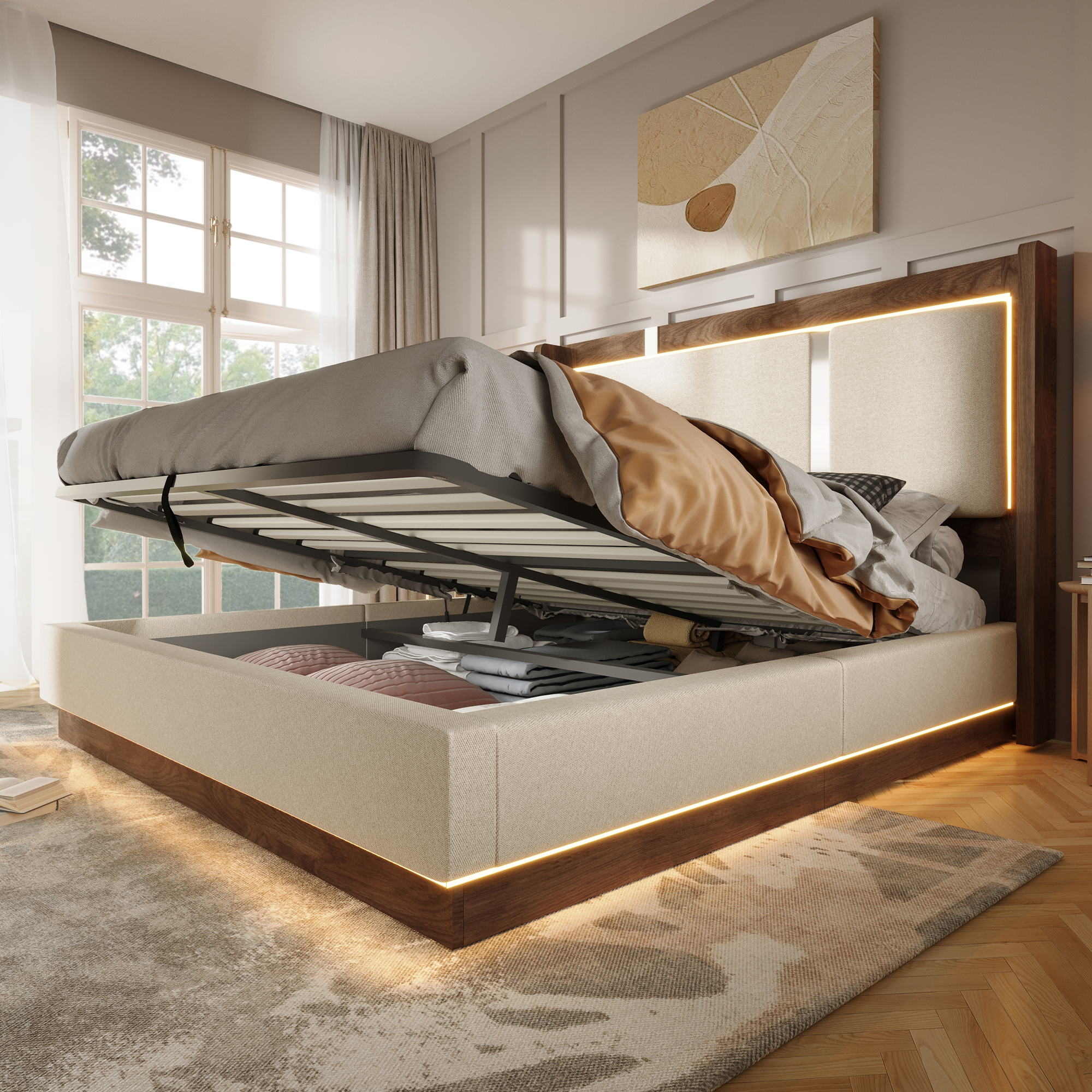 Lit 160 x 200 cm avec rangement, LED en lin et bois beige et noyer - présentation 1