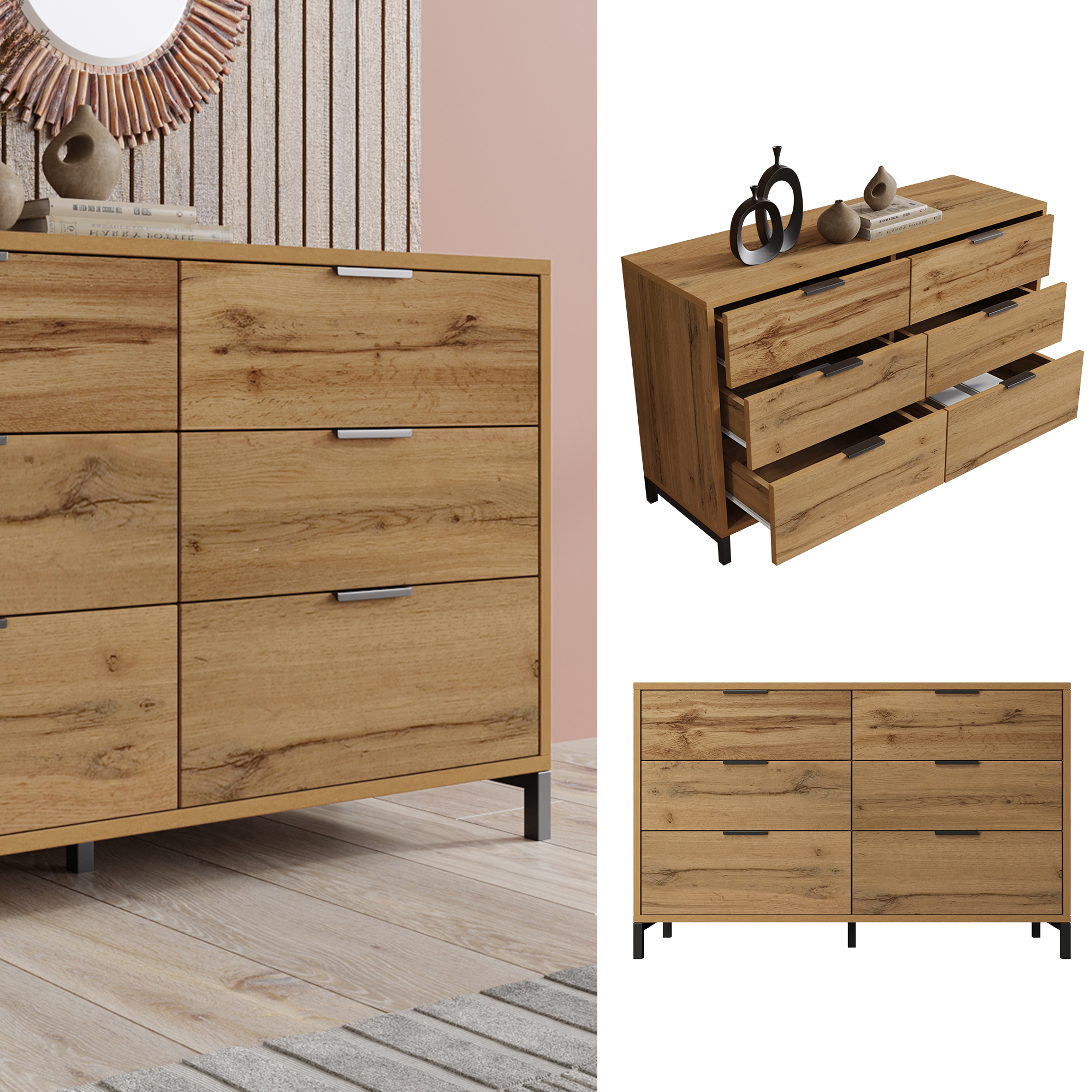 Commode, avec tiroirs, 120 x 40 x 76 cm, panneaux de particules, chêne - vue 1