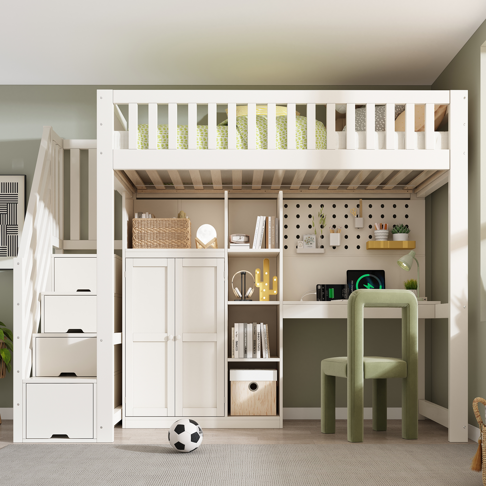 Lit mezzanine 90 x 200 cm, bureau intégré, escalier de rangement, penderie intégrée, prise intégrée, bois, blanc, 253 x 97 x 170 cm - présentation 1