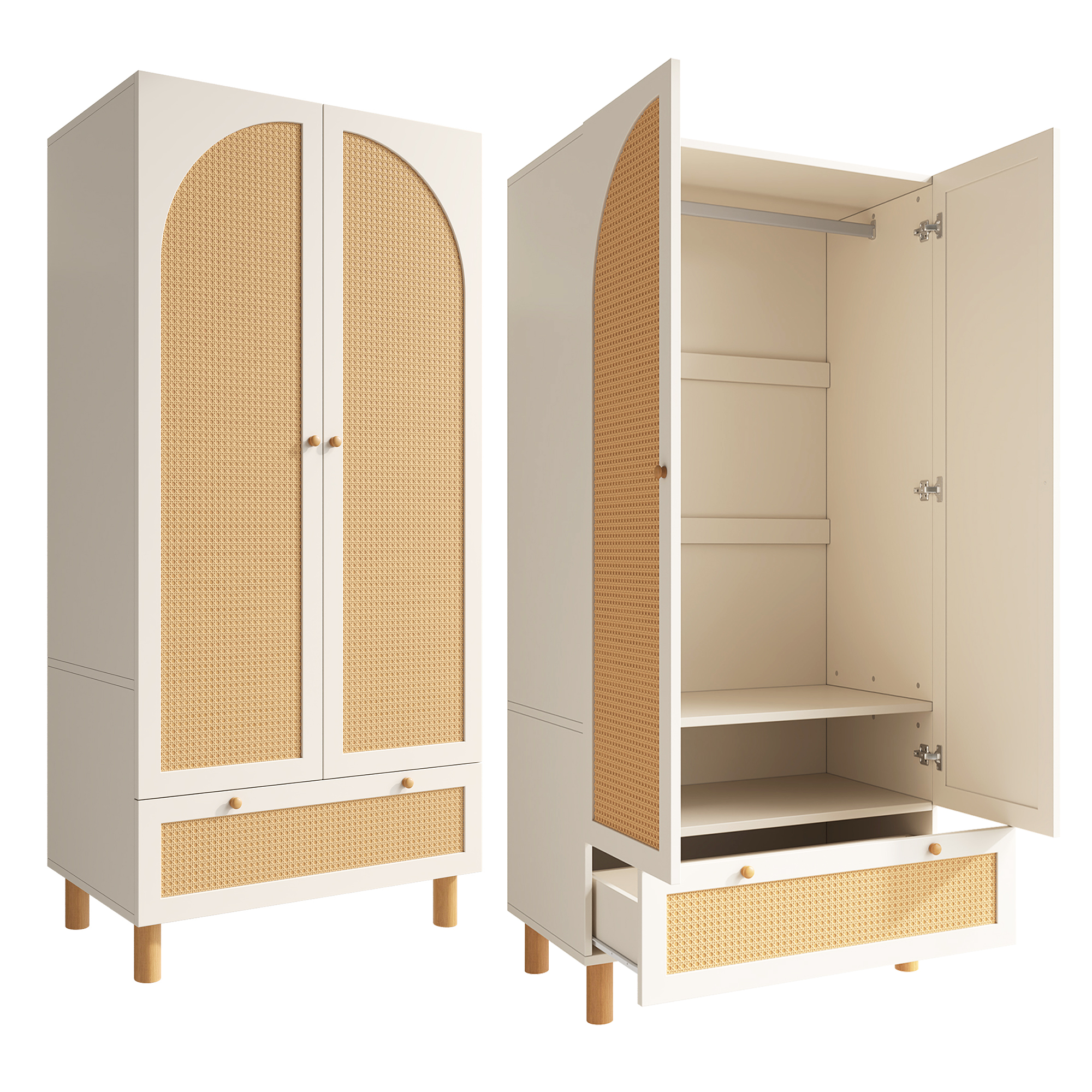 Armoire, hauteur réglable, avec tiroirs, détails en rotin, 85,5 x 52 x 180,5 cm, rotin, blanc - vue 4