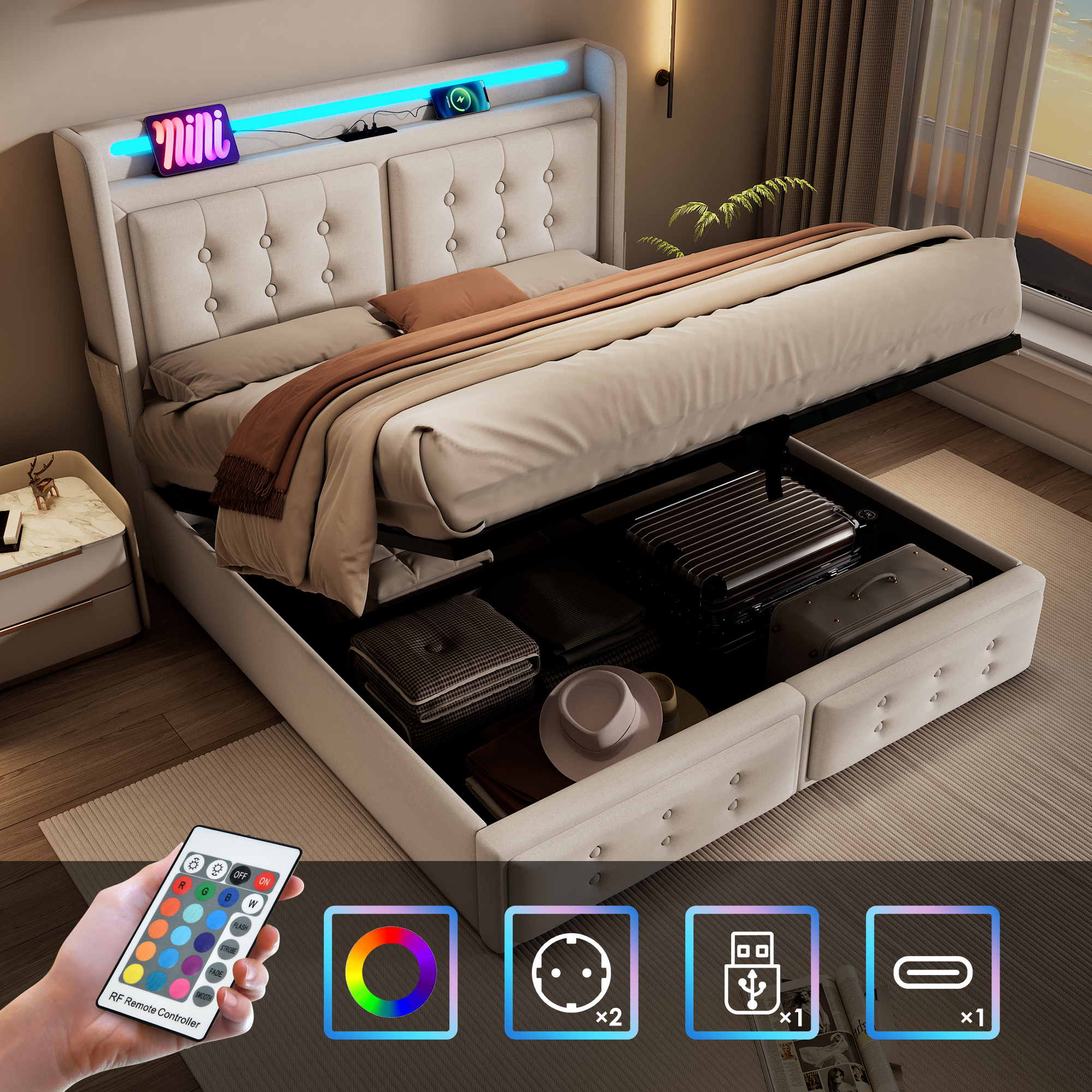 Polsterbett 140x200, Doppelbett mit Led-Kopfteil u