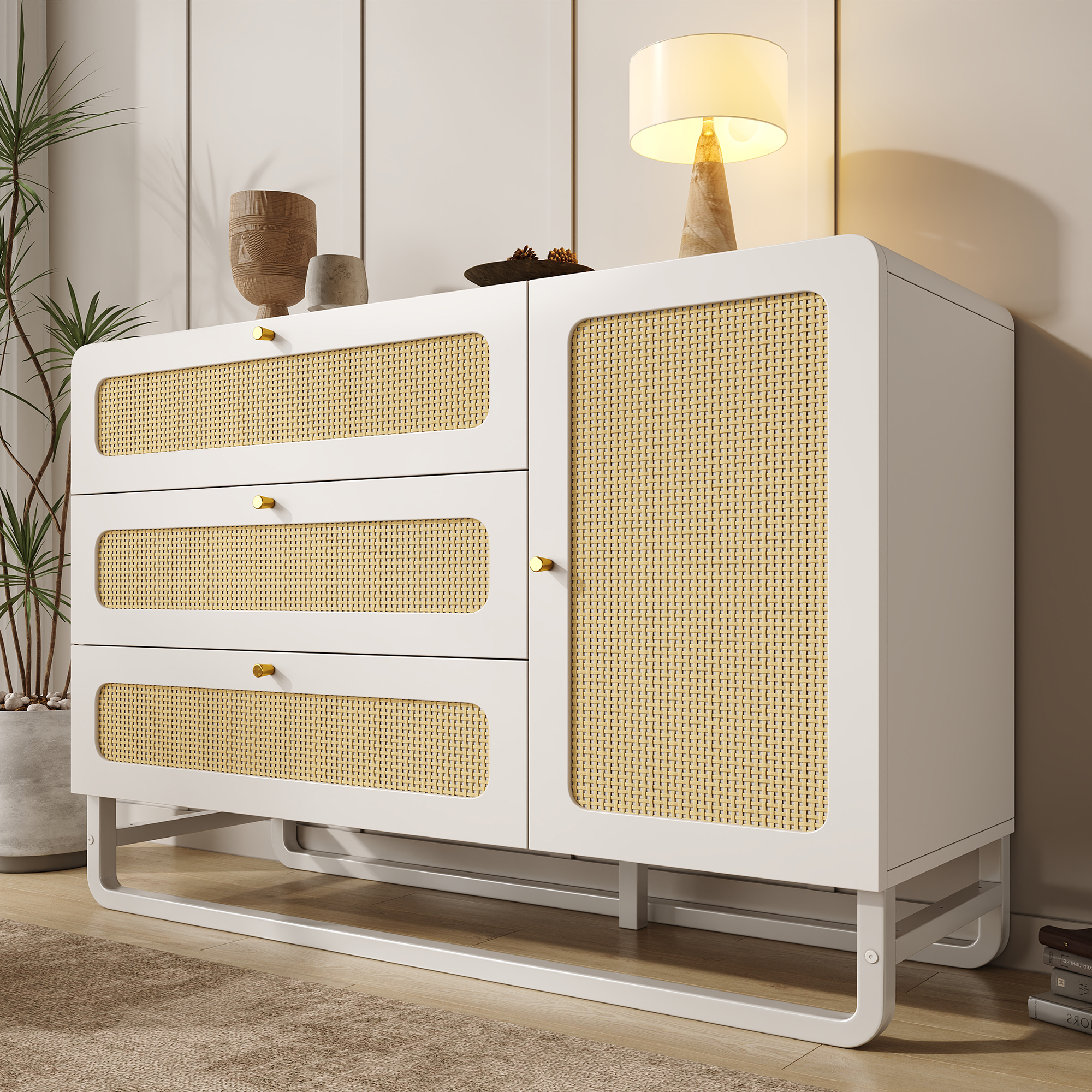 Kommode Schrank mit Rattan & Goldgriffen, Landhaus