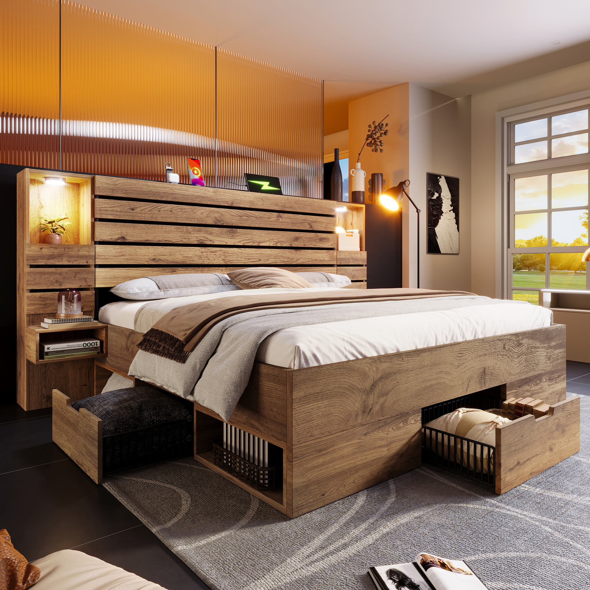 Holzbett Doppelbett 160x200 cm mit LED-Downlights 
