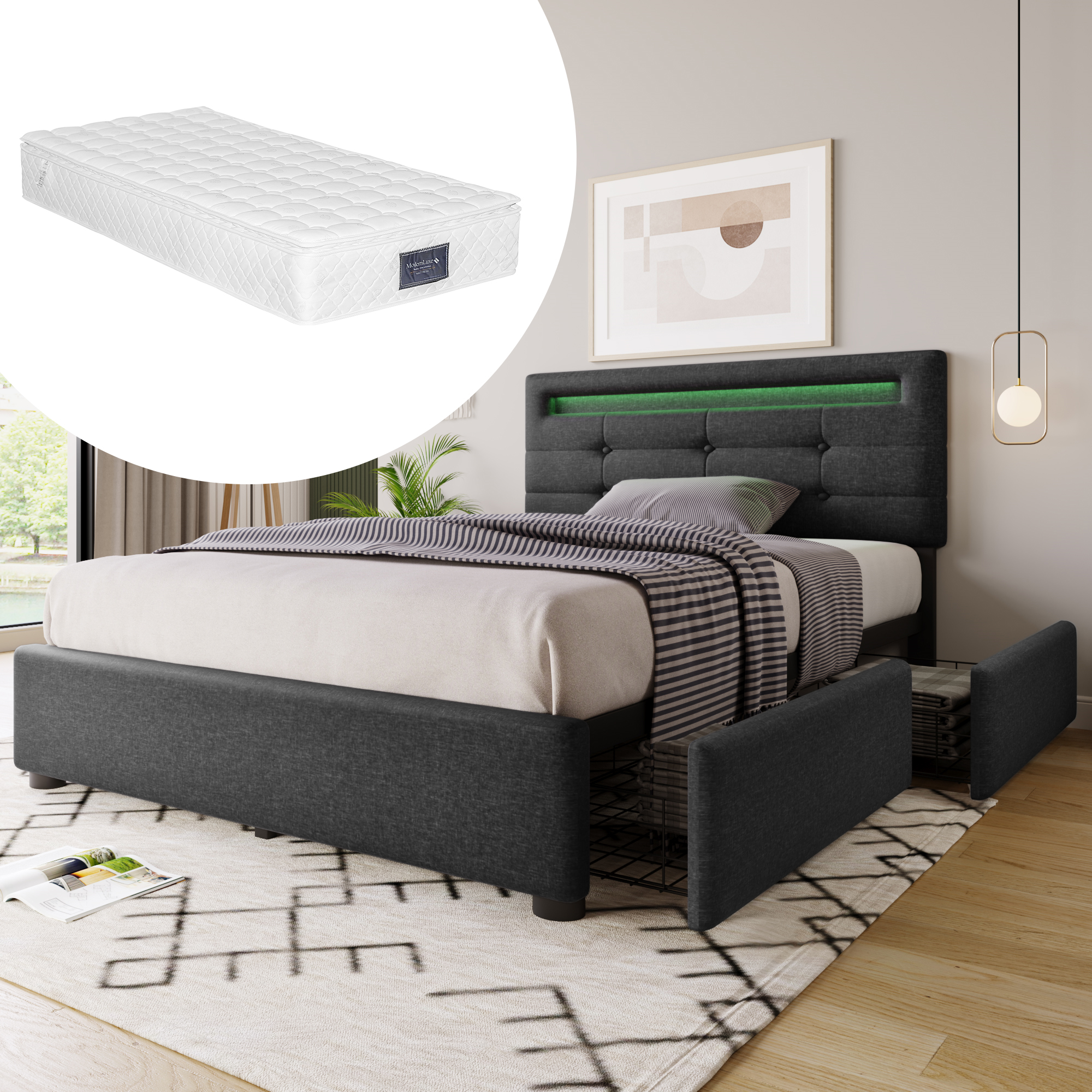 Bettgestell mit LED-Beleuchtung und 2 Schubladen, 