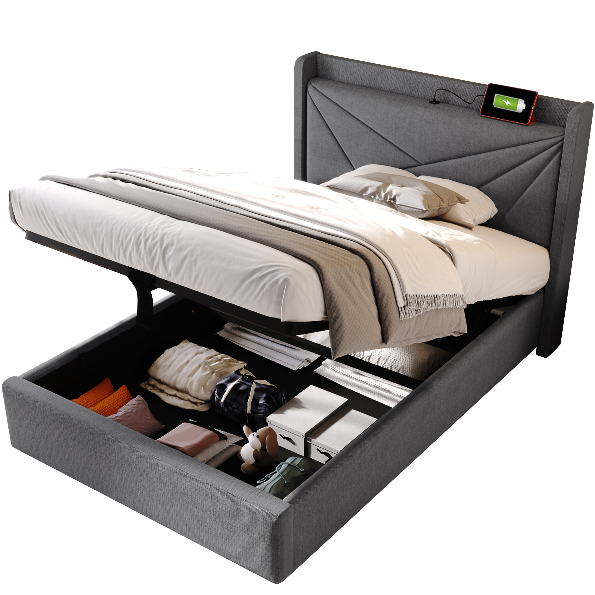 Polsterbett Einzelbett Stauraum Bettkasten mit USB
