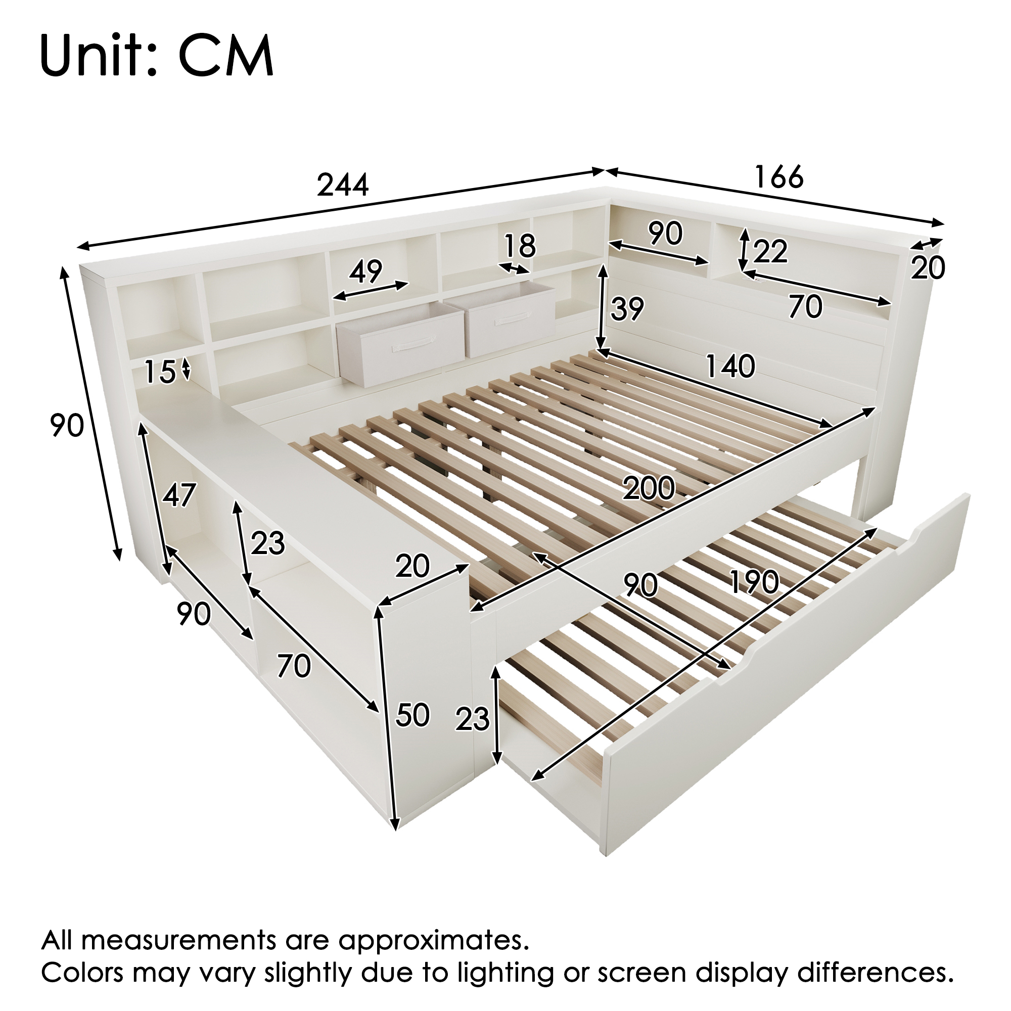 Dimensions et fonctions de Lit gigogne en bois 140 x 200 cm avec tiroirs, ports USB-C et rangements, Blanc, sans matelas