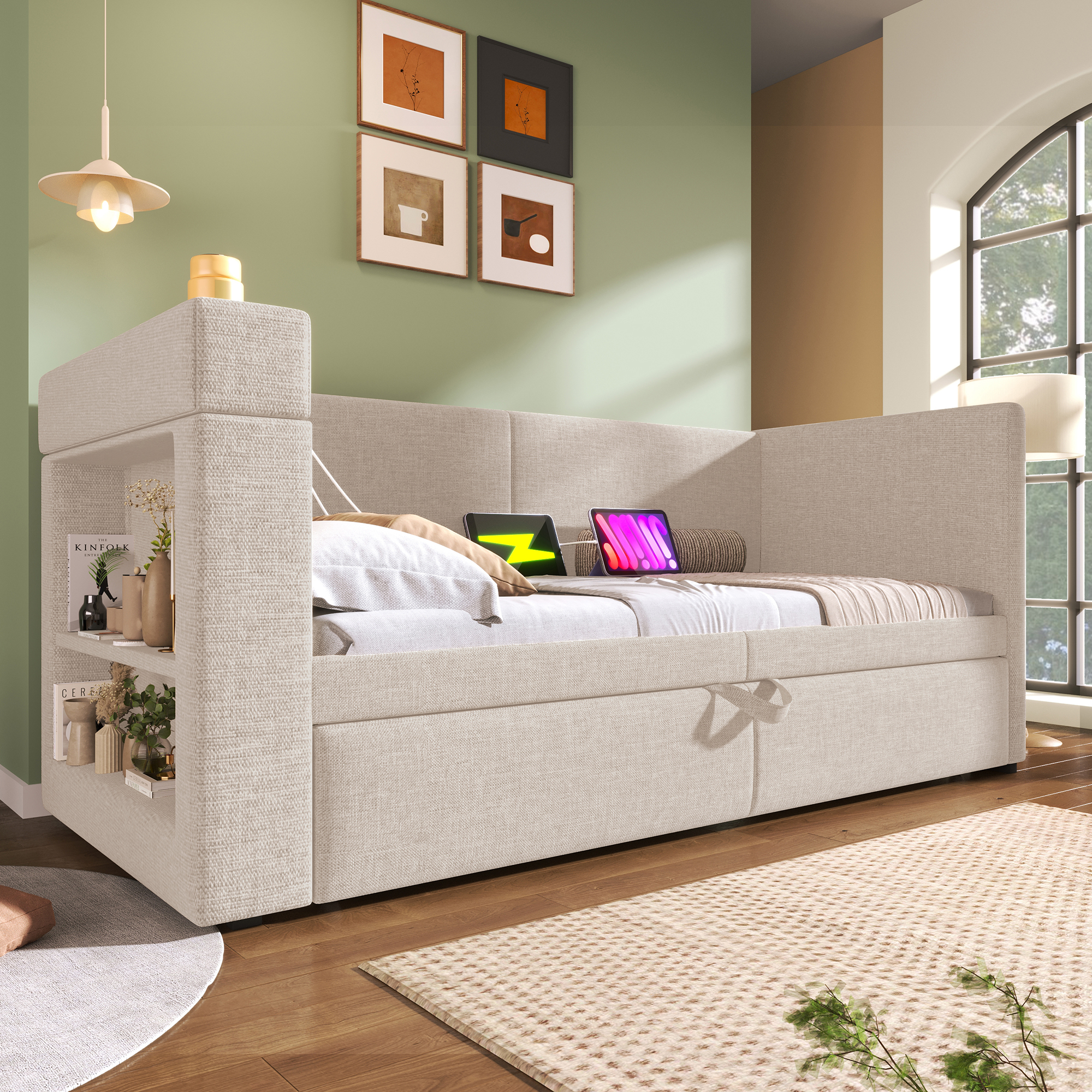 Canapé-lit escamotable, accoudoirs interchangeables, tissu lin-coton, roulettes et sangles, pour salon et chambre, utilisation flexible, confort toute saison, gain de place, design pratique moderne - image 11