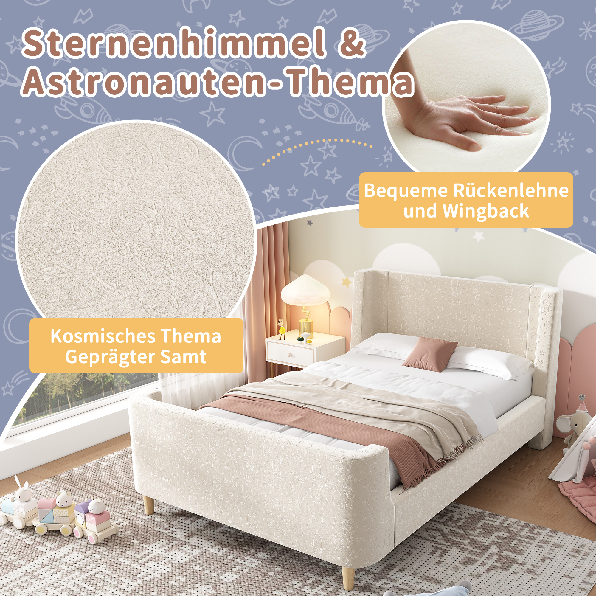 Lit enfant, 90 x 200 cm, velours, beige - vue 2