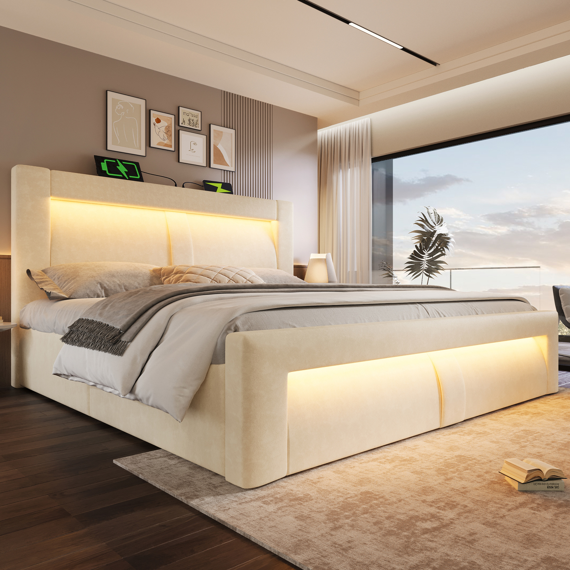 Lit coffre rembourré en velours 180 x 200 cm avec rangement hydraulique, LED, ports USB-C et sommier à lattes, Beige, sans matelas