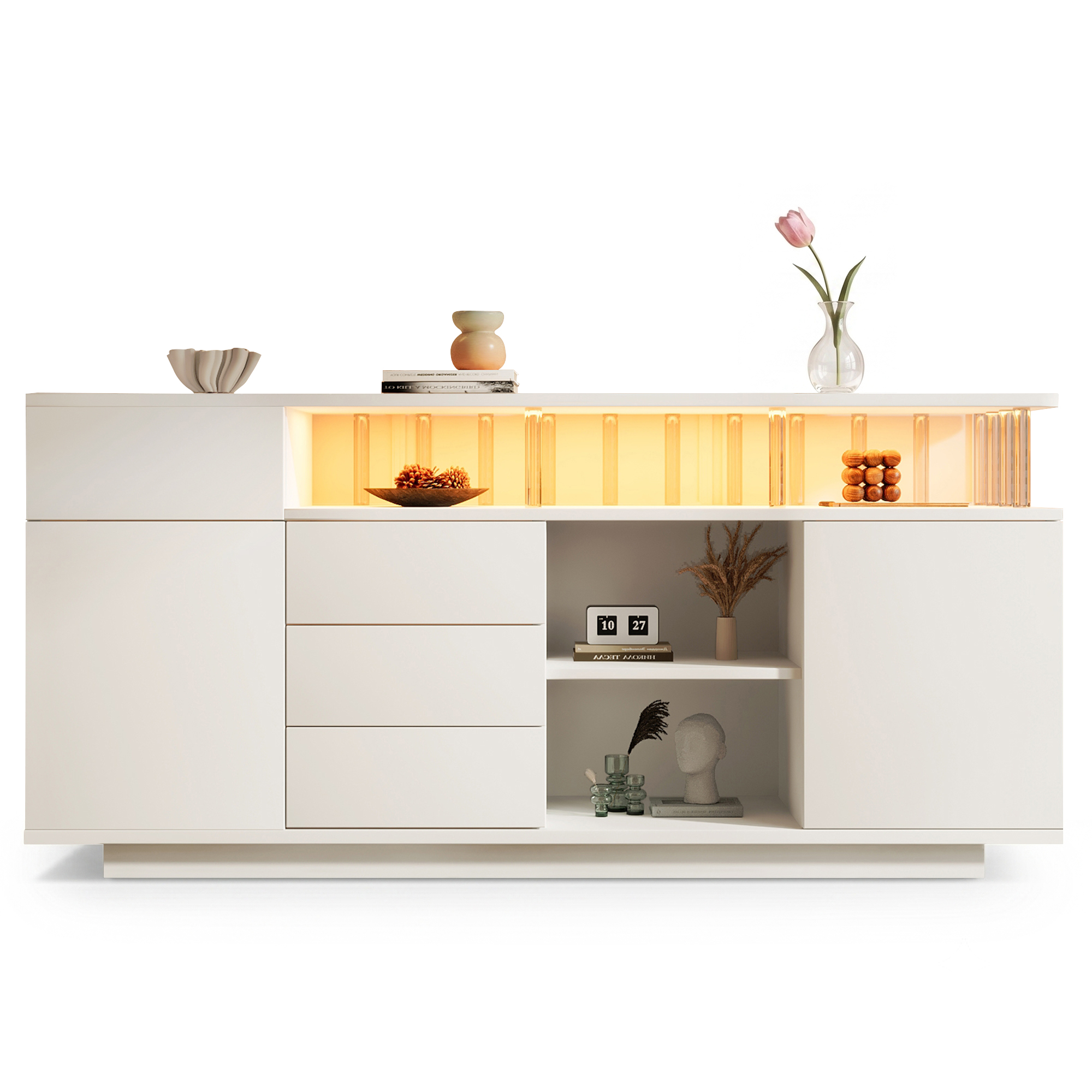 Commode, éclairage LED, avec tiroirs, 160 x 40 x 75 cm, bois, blanc - vue 2