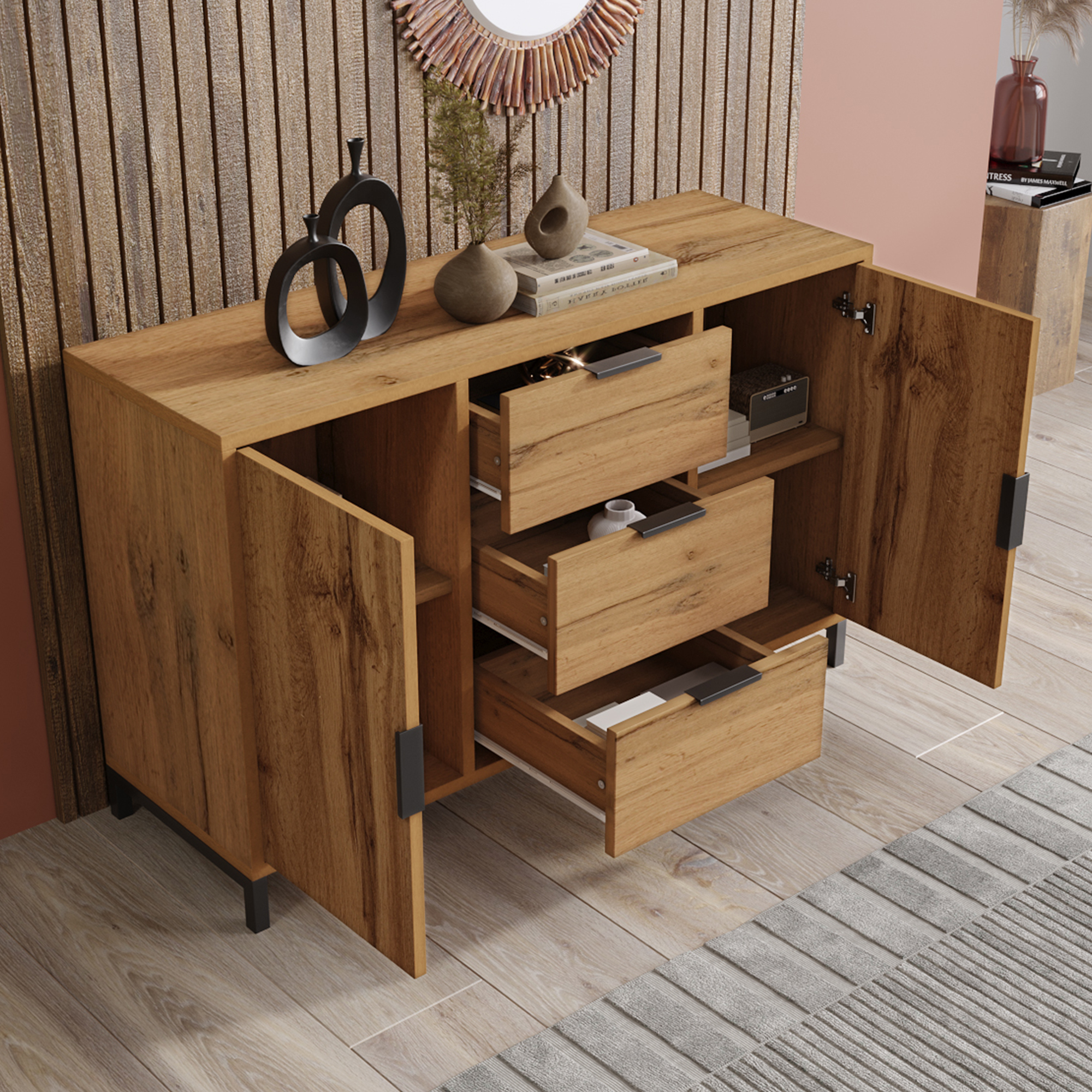 Commode, avec tiroirs, 120 x 40 x 76 cm, panneaux de particules, chêne - vue 6