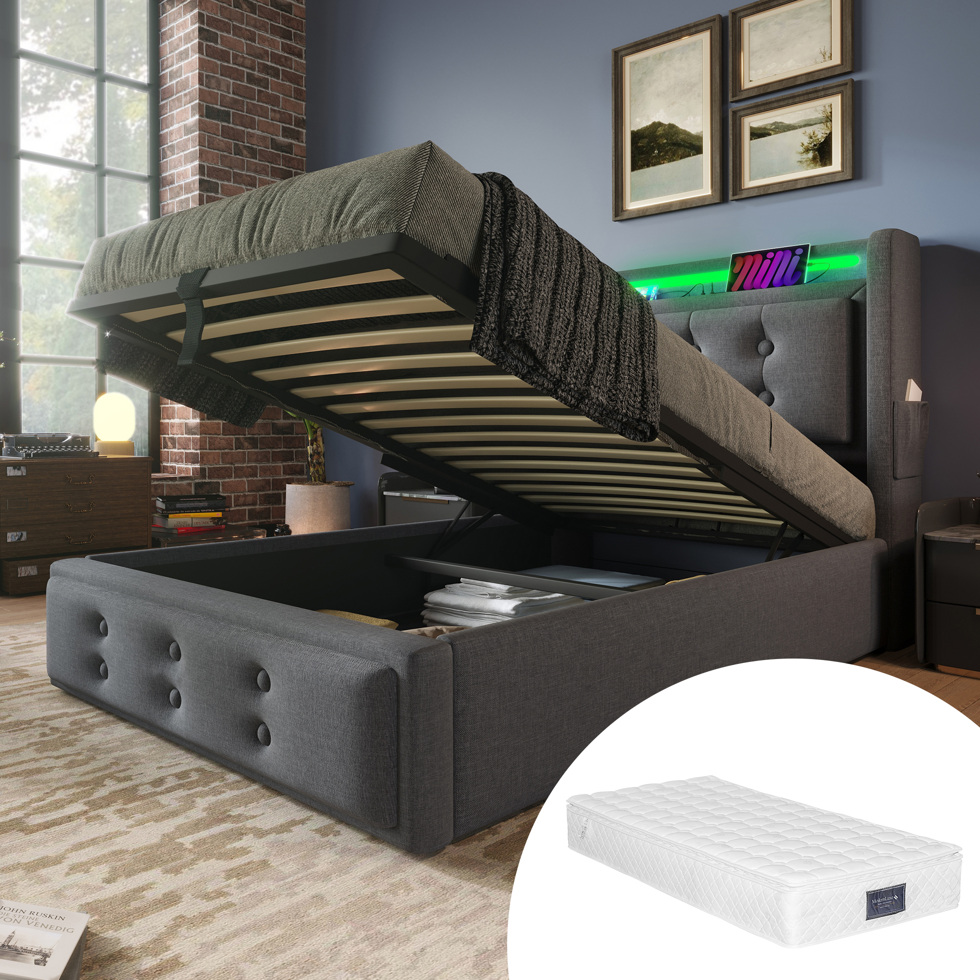 Polsterbett 90x200, Einzelbett mit Led-Kopfteil un