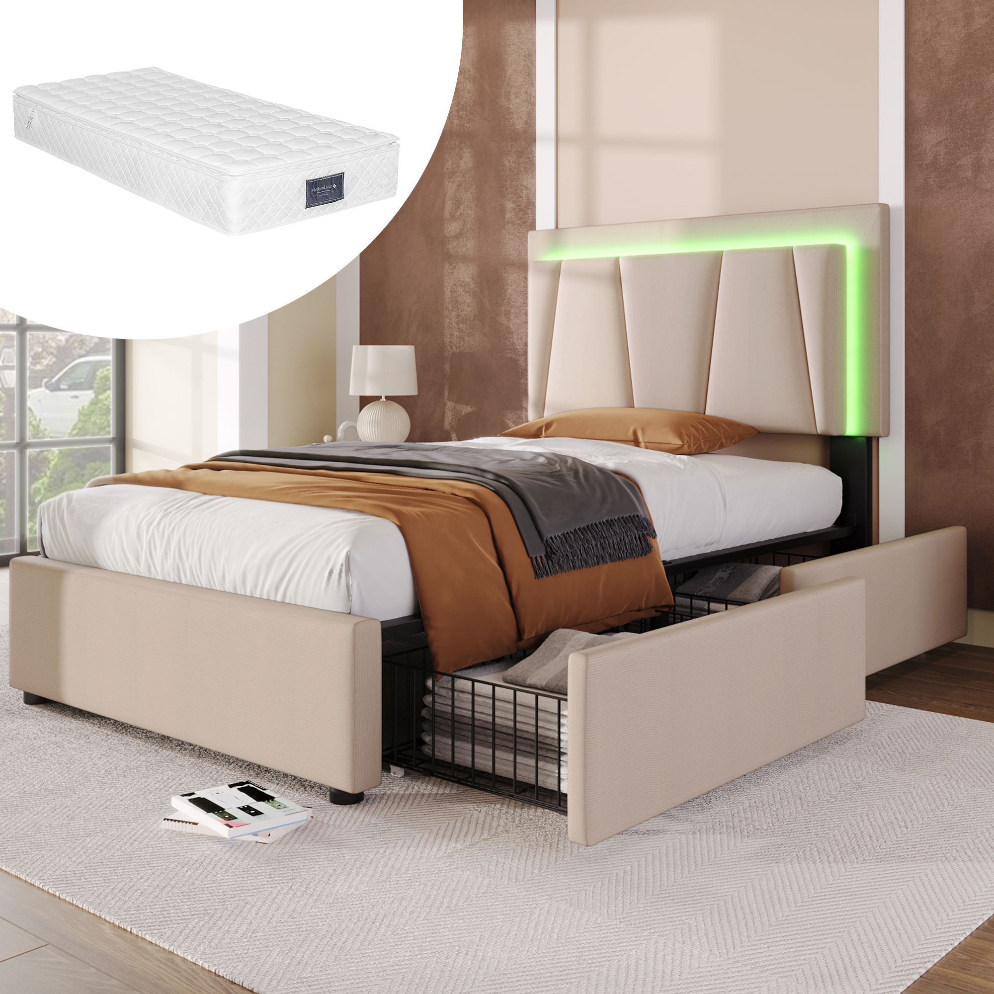 Polsterbett mit LED-Beleuchtung und 2 Schubladen,H