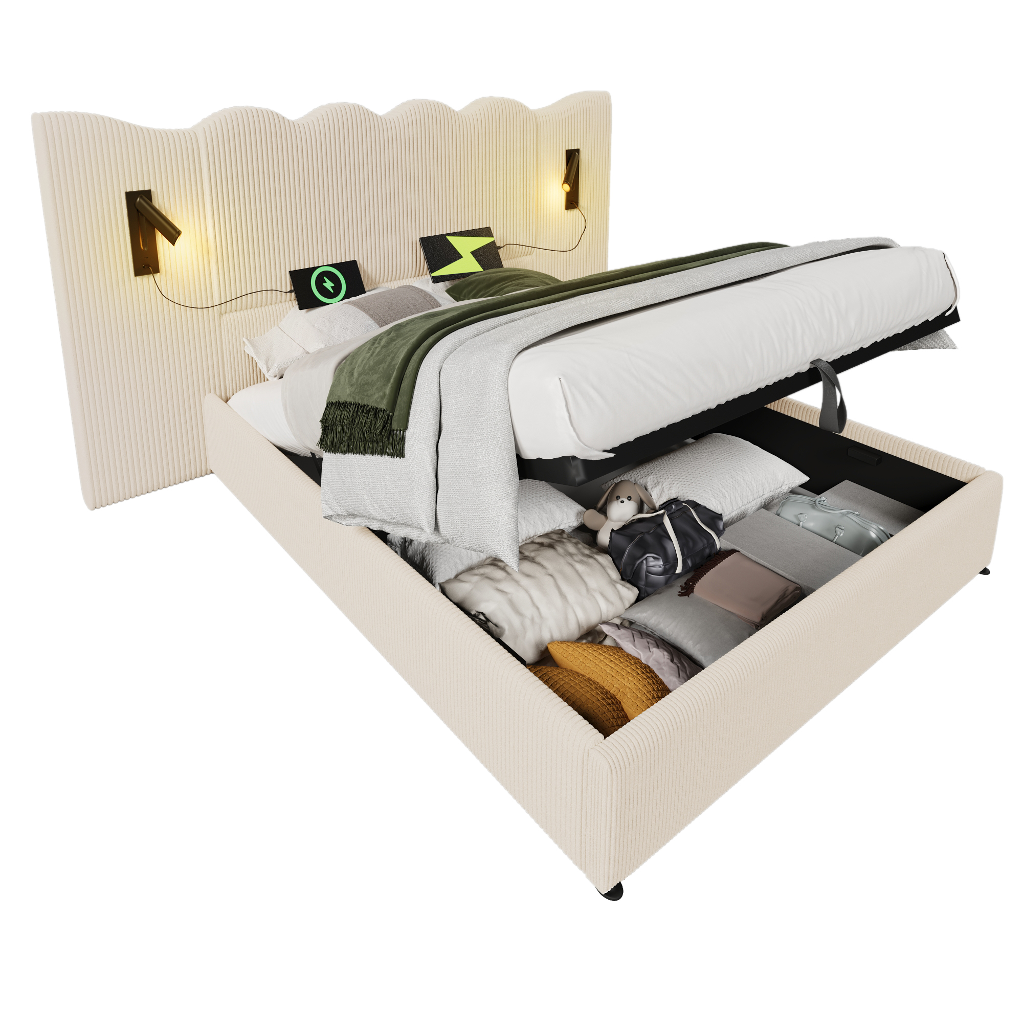 coffre sous‑lit hydraulique avec sangle de traction pour ouverture facile