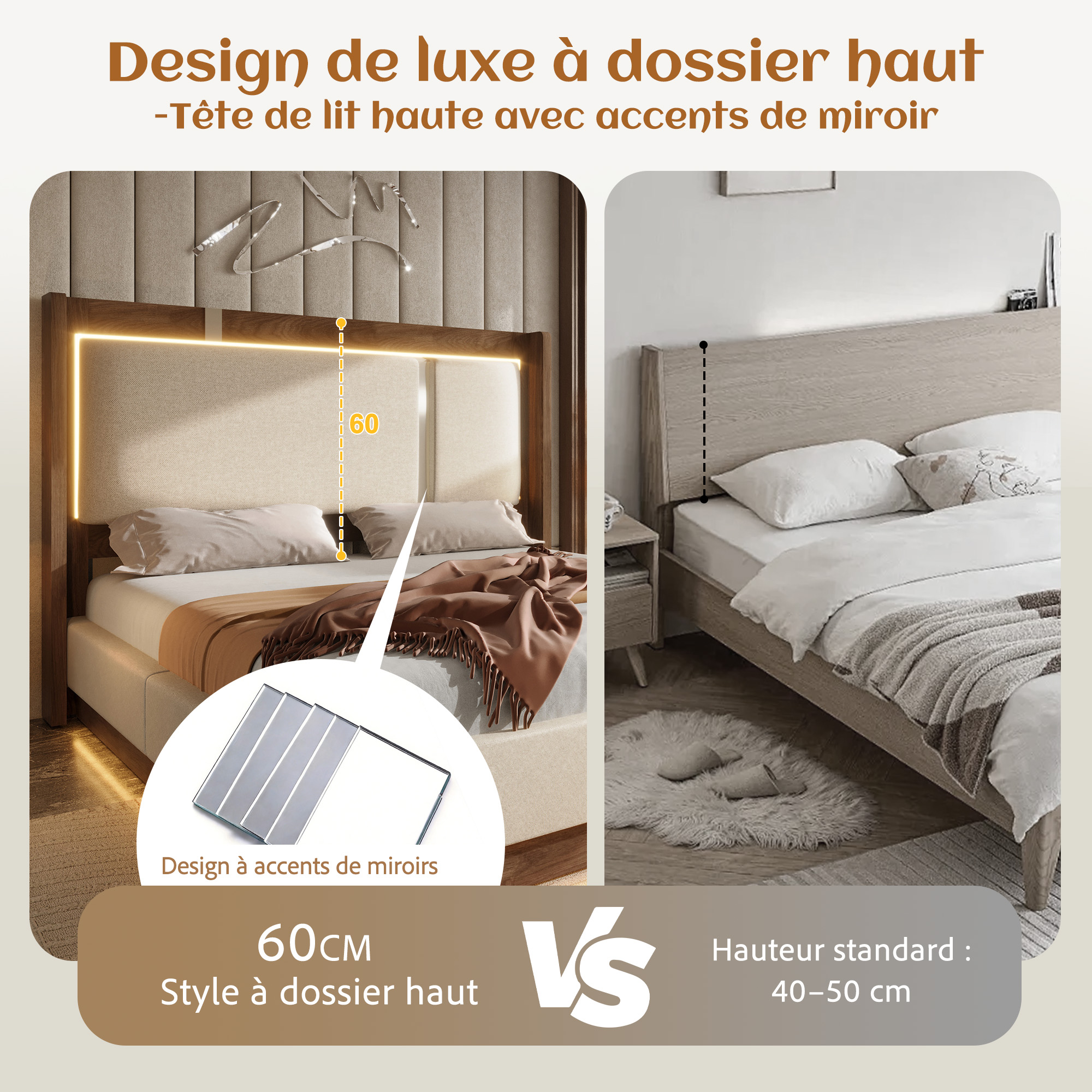 Lit capitonné 140x200 cm beige et noyer avec coffre hydraulique
