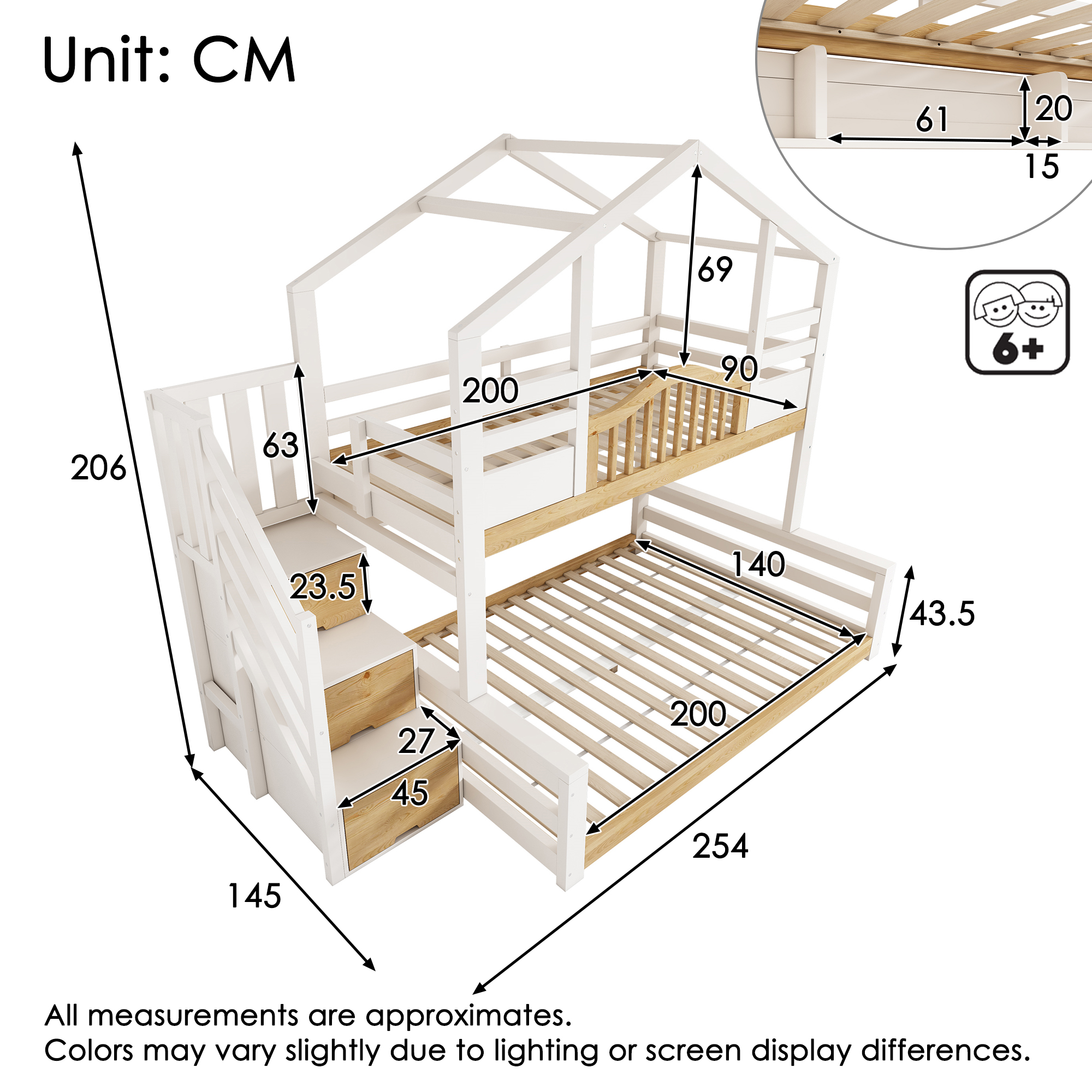 Lit superposé avec éclairage LED, port USB / Type-C, rangements intégrés, blanc et bois - vue complémentaire 1