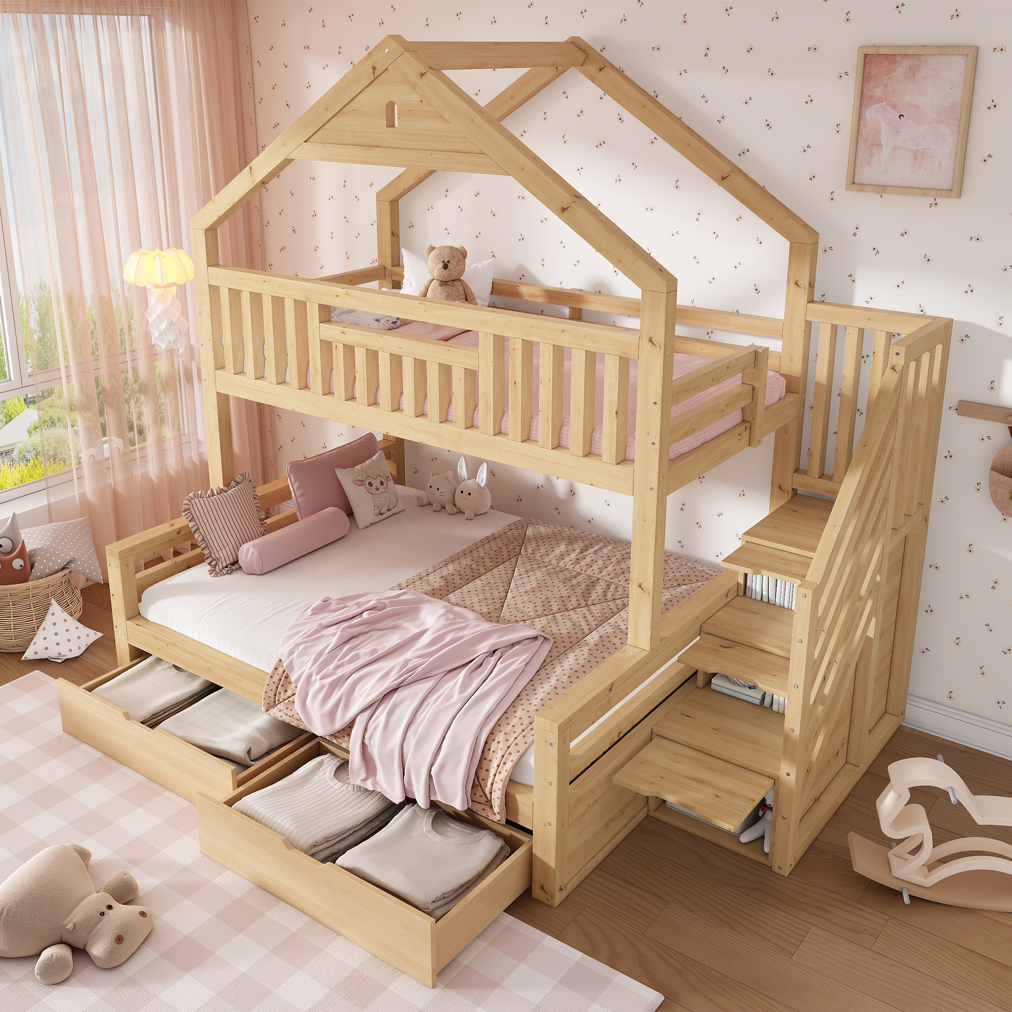 Lit superposé maison enfant chêne