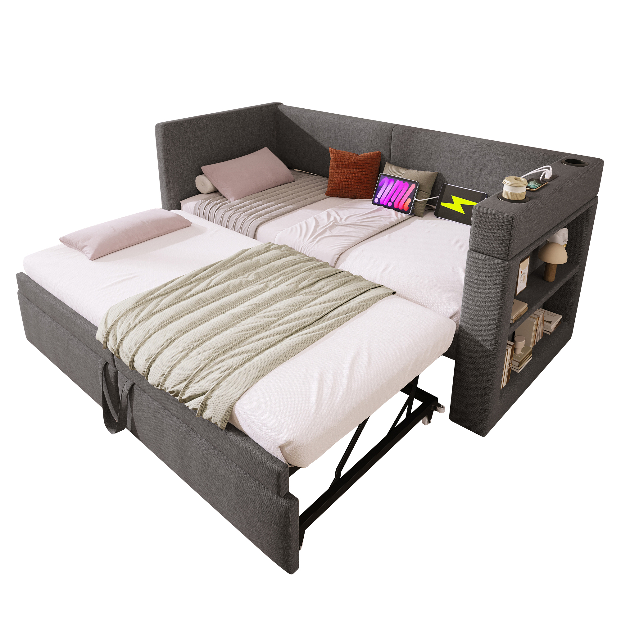 Canapé-lit avec lit escamotable, accoudoirs interchangeables, tissu lin-coton, roulettes et sangles, pour salon et chambre, utilisation flexible, confort toute saison, gain de place, design pratique - image 4