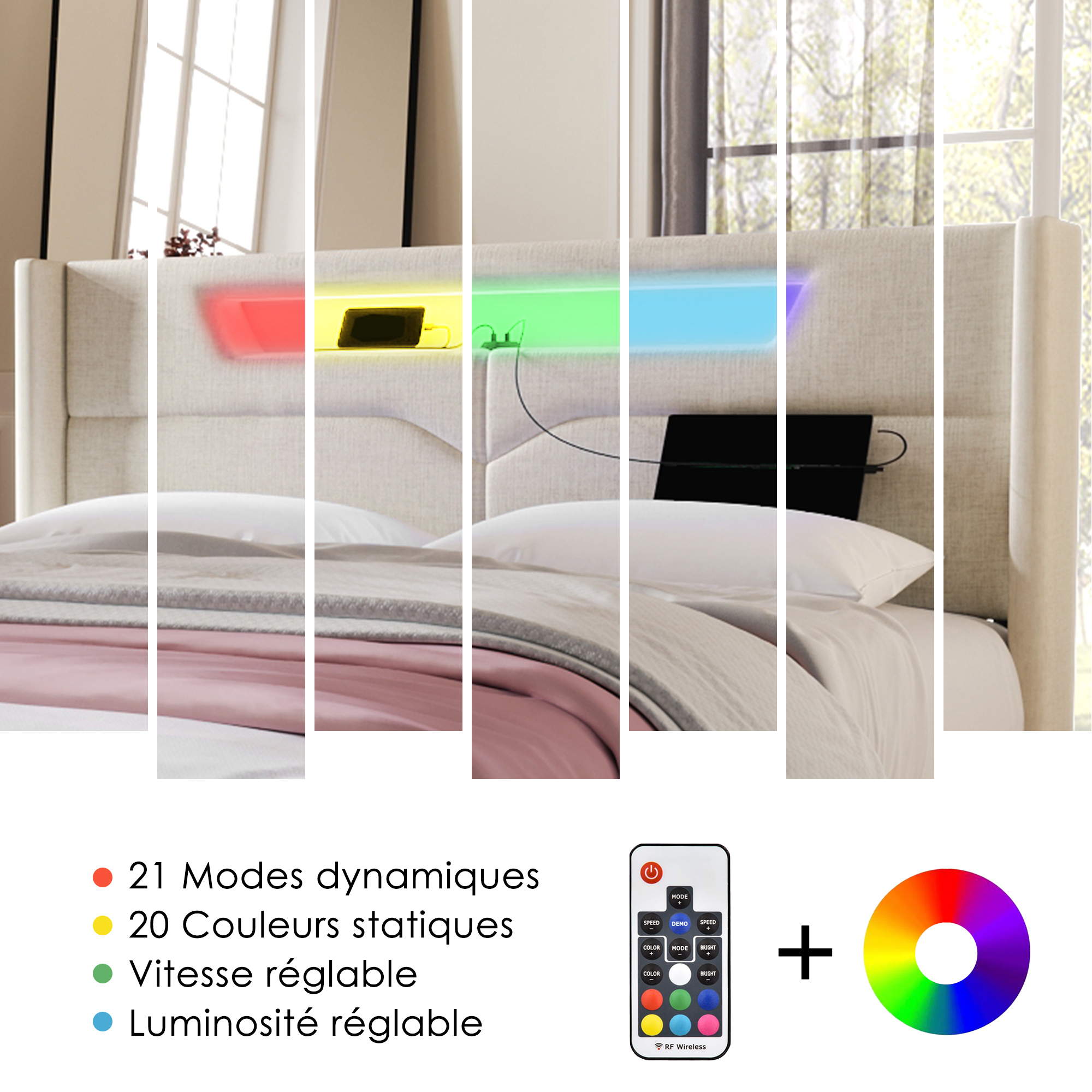 Polsterbett LED Doppelbett mit USB Typ C Ladefunkt