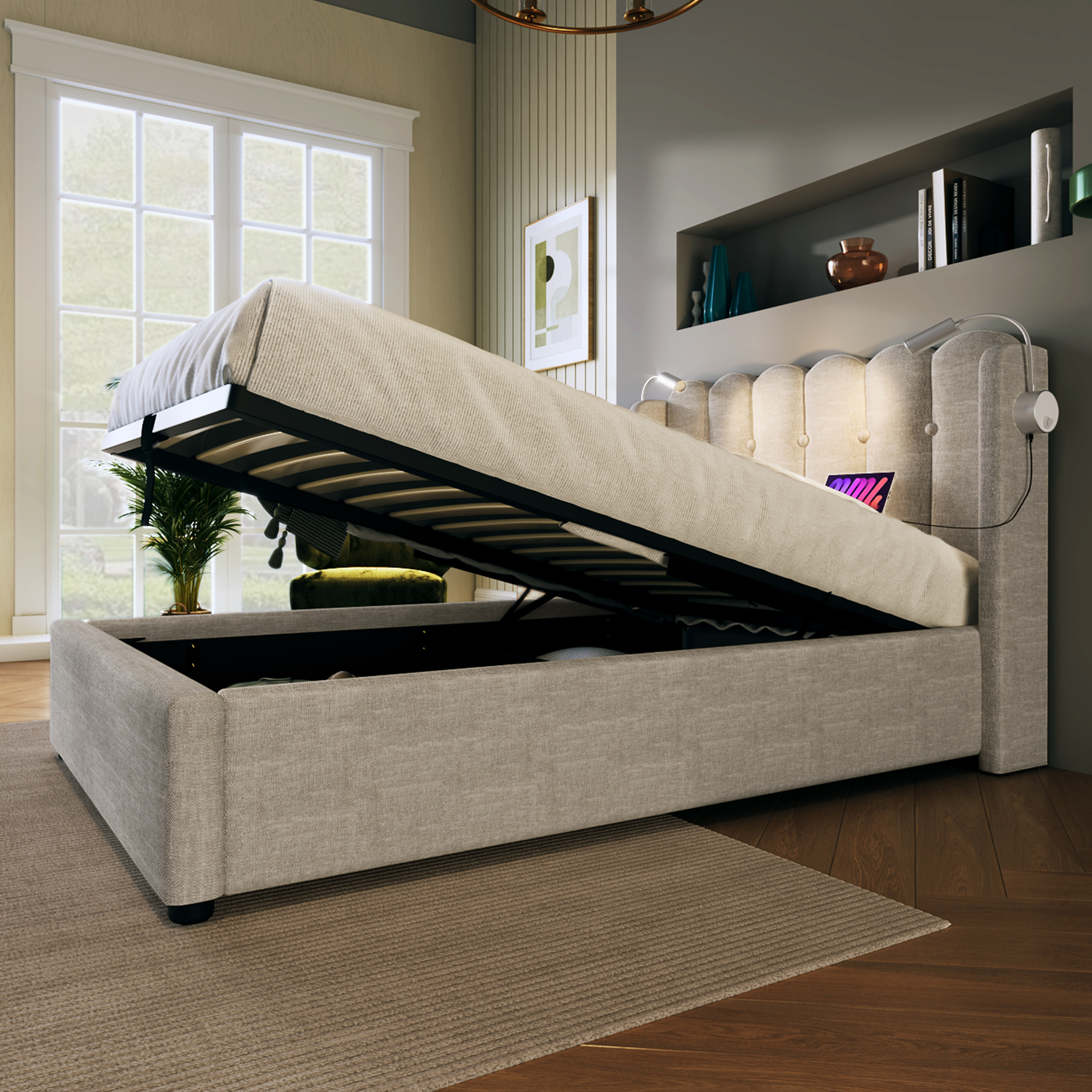 Matelas 406 ressorts + 2 couches mousse, certifiée Oeko-Tex 100, lit avec tête de lit lin gris design panneau, lampe de lecture positionnée, pour chambre, sommeil confortable, style rustique chaleureux - image 4
