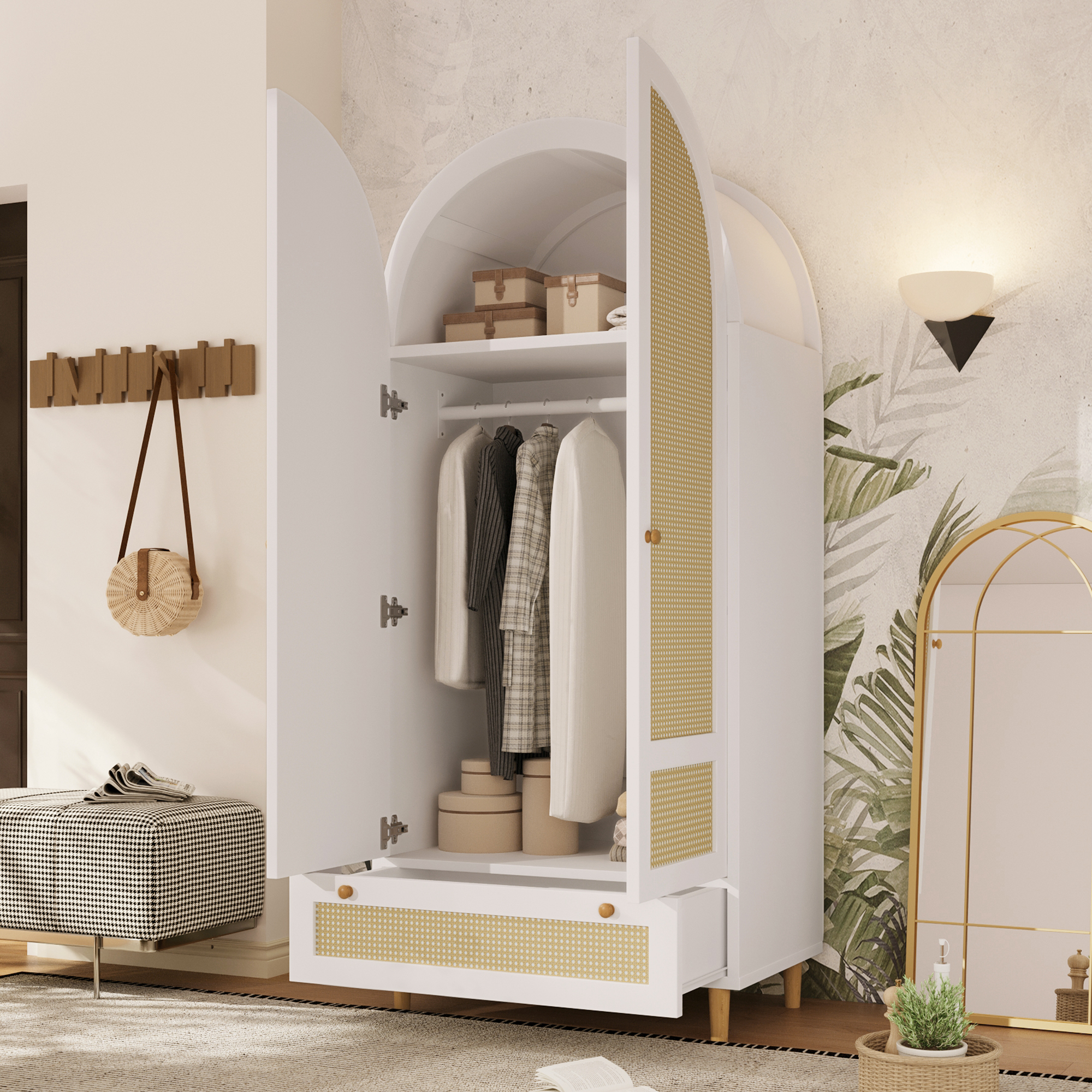 Armoire-penderie, avec tiroirs, détails en rotin, 80 x 50 x 180 cm, rotin et bois, blanc - vue 9