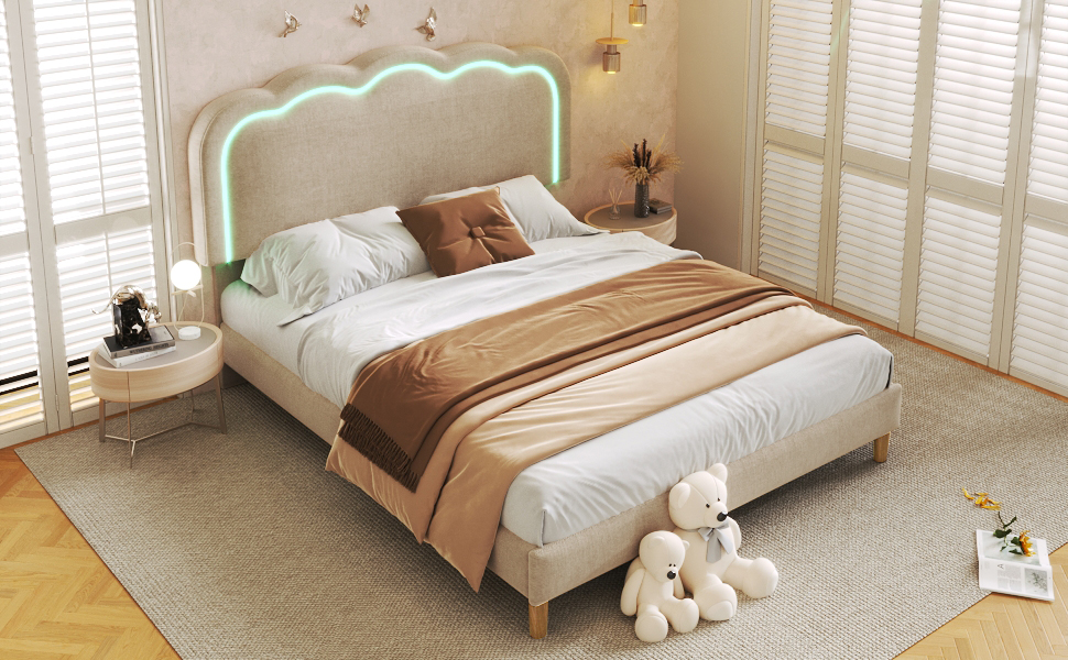 Lit avec tête de lit forme bouffée beige, LED ambiance, hauteur réglable, pour chambre, lumière douce enveloppante, atmosphère chaleureuse, design élégant, couleur beige polyvalente, confort et style moderne - image 15