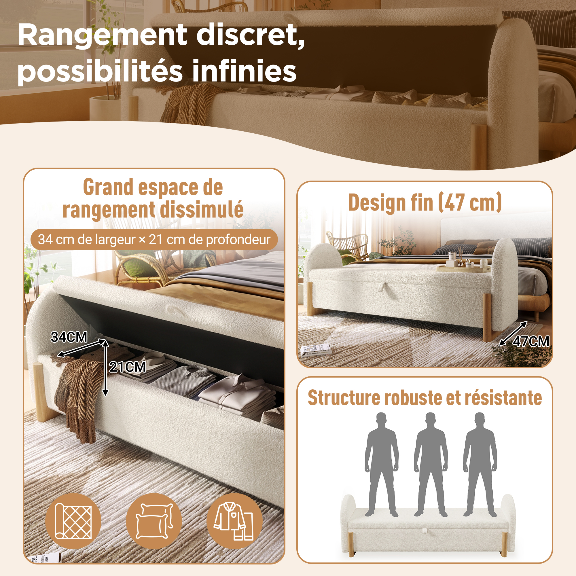 produit complet banc de lit bouclé