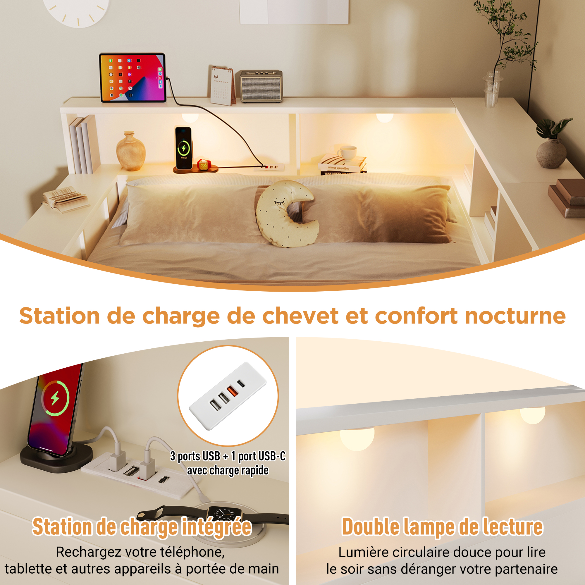 Ports USB et USB Type-C intégrés à la tête de lit