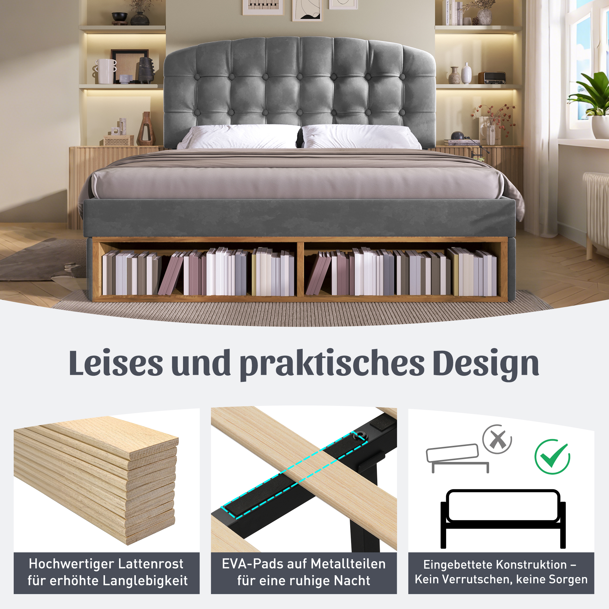 Doppelbett 140x200 Polsterbett Samt Grau mit Latte